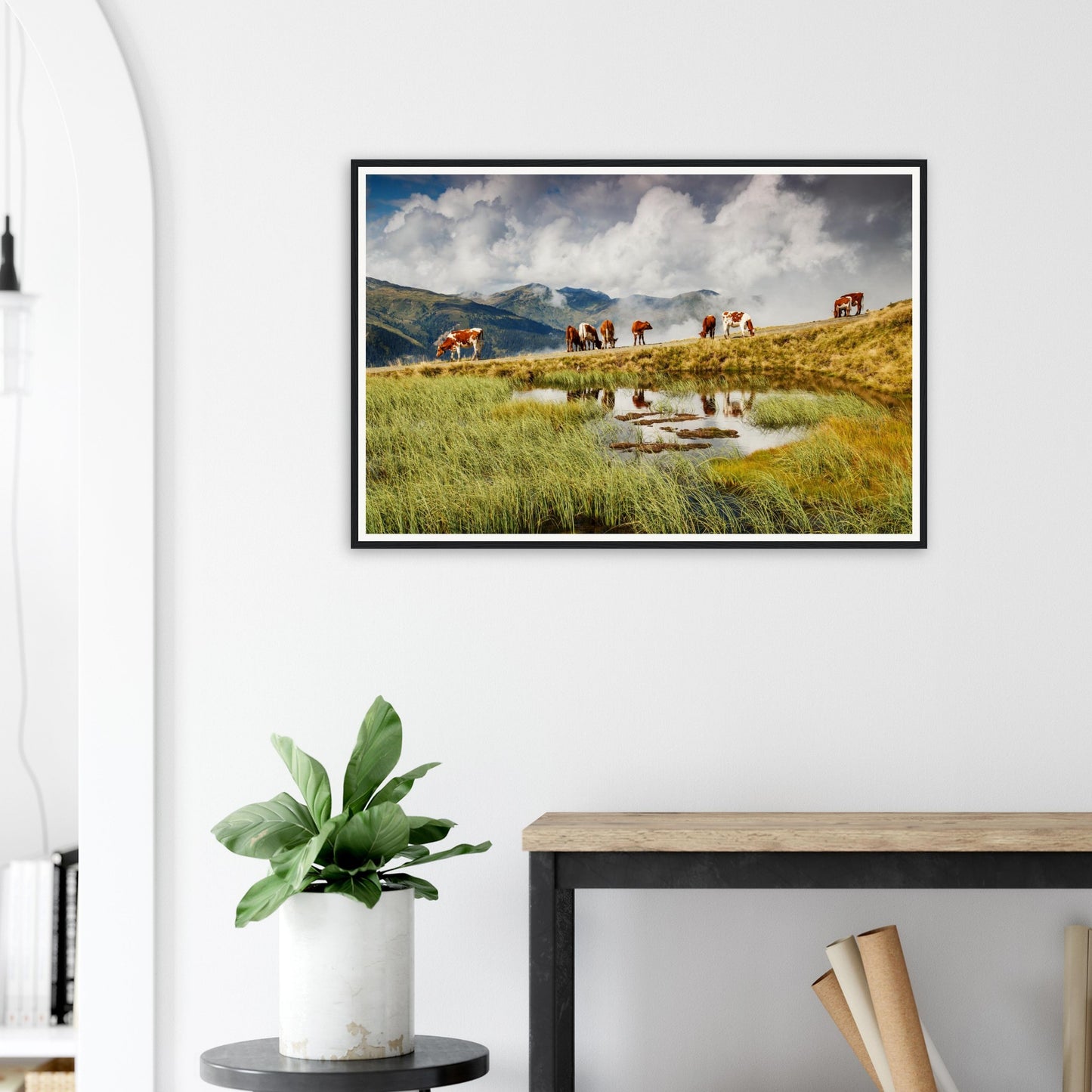 Small pond reflecting cows and fells in Austrian Alps framed print