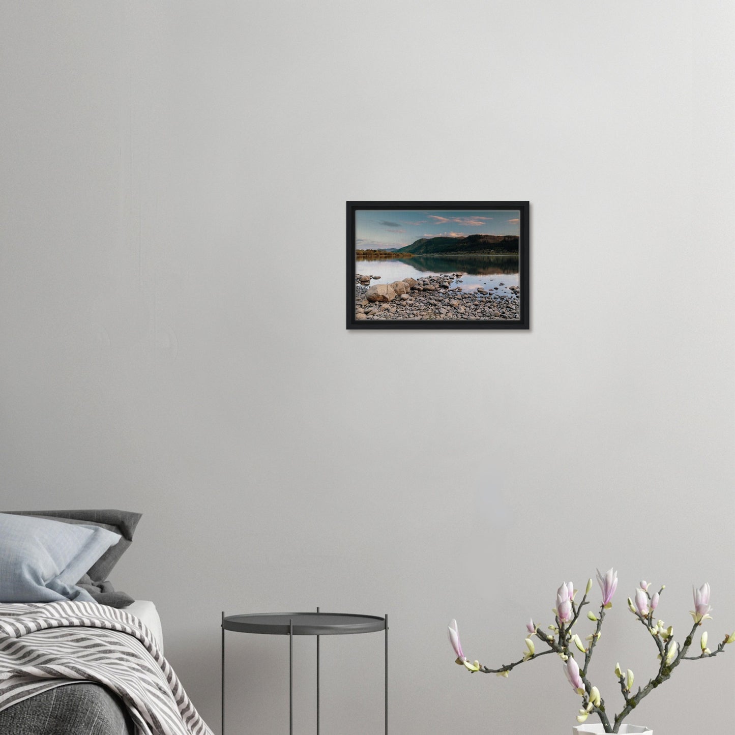 Quiet waters and tree-lined slopes in Lake District artwork