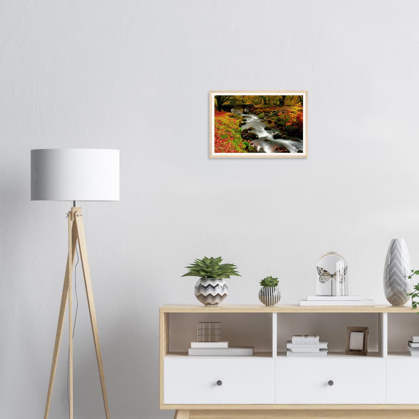Burrator woodland framed art with vibrant autumn leaves and rocks