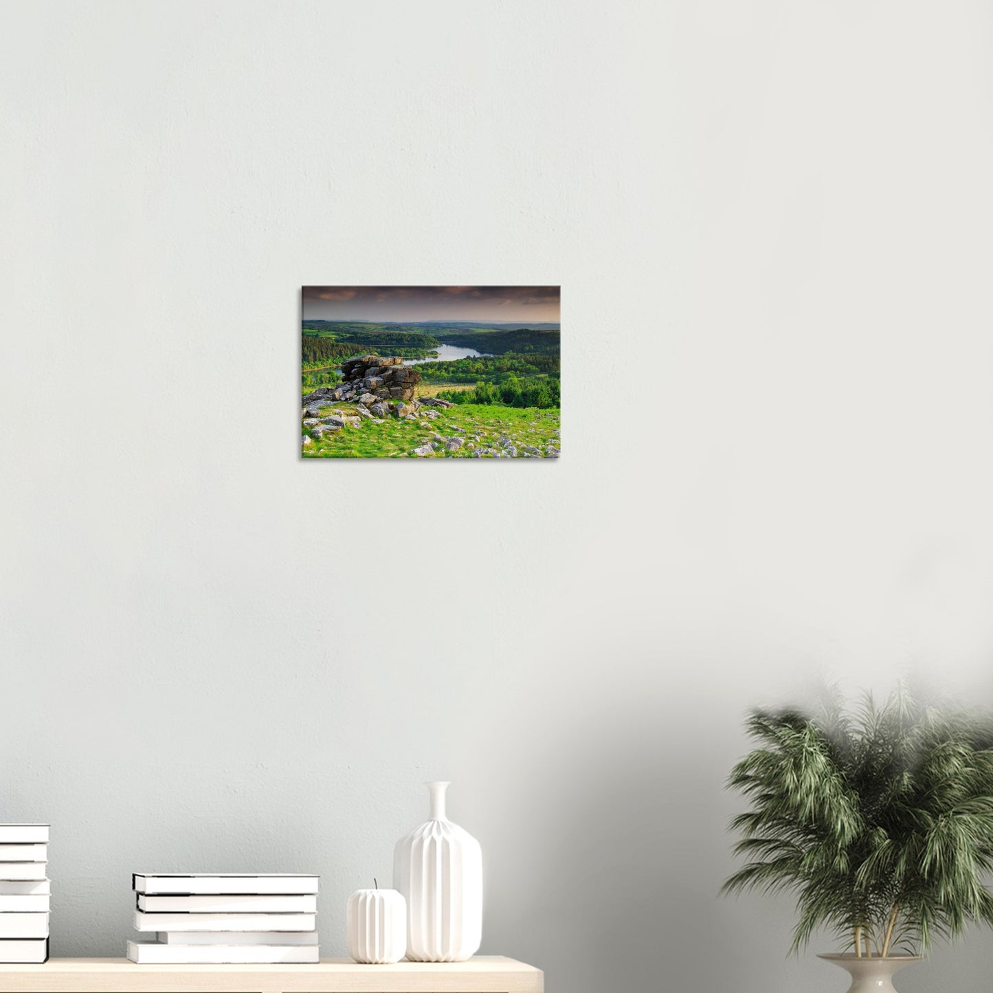 Dartmoor landscape canvas with granite outcrop and serene Burrator Reservoir.