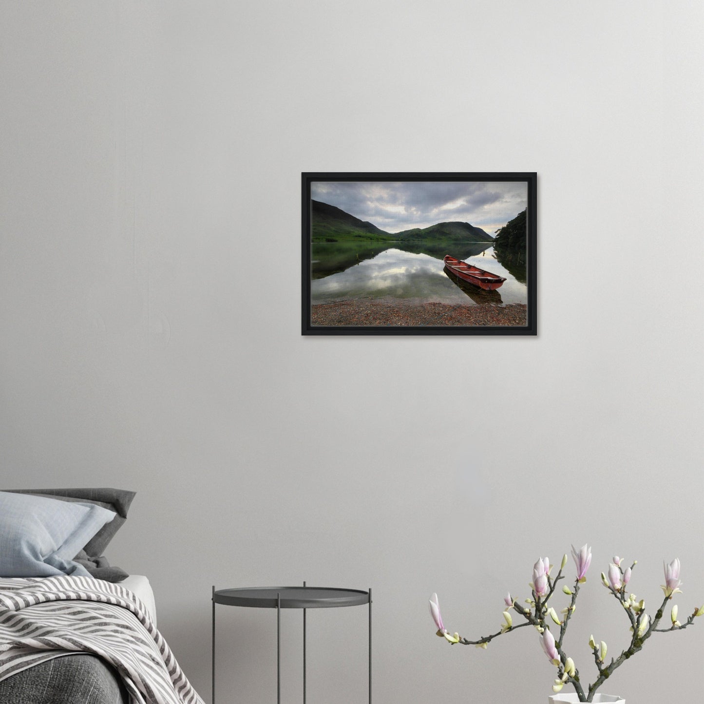 Still lake and fells in Crummock Water framed canvas print