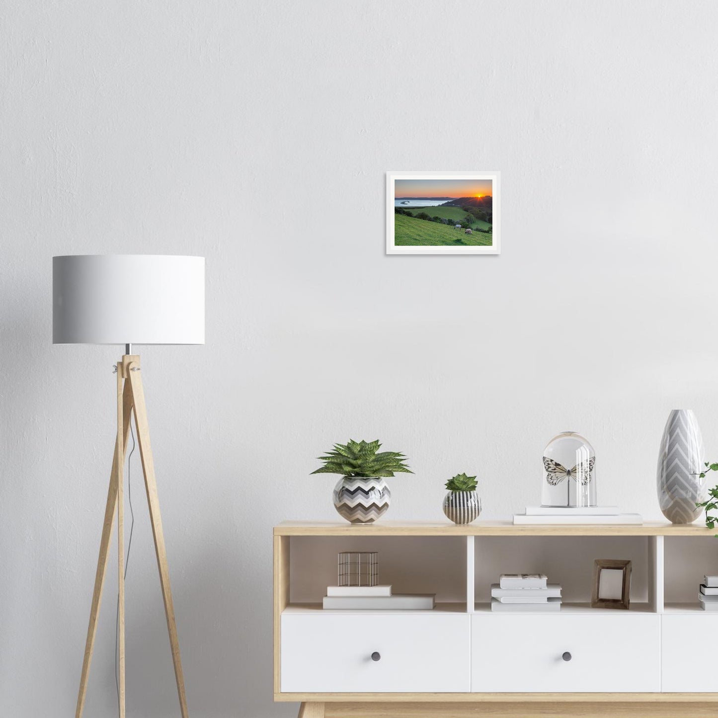 Framed print of vessels on calm waters Plymouth Sound at sunset