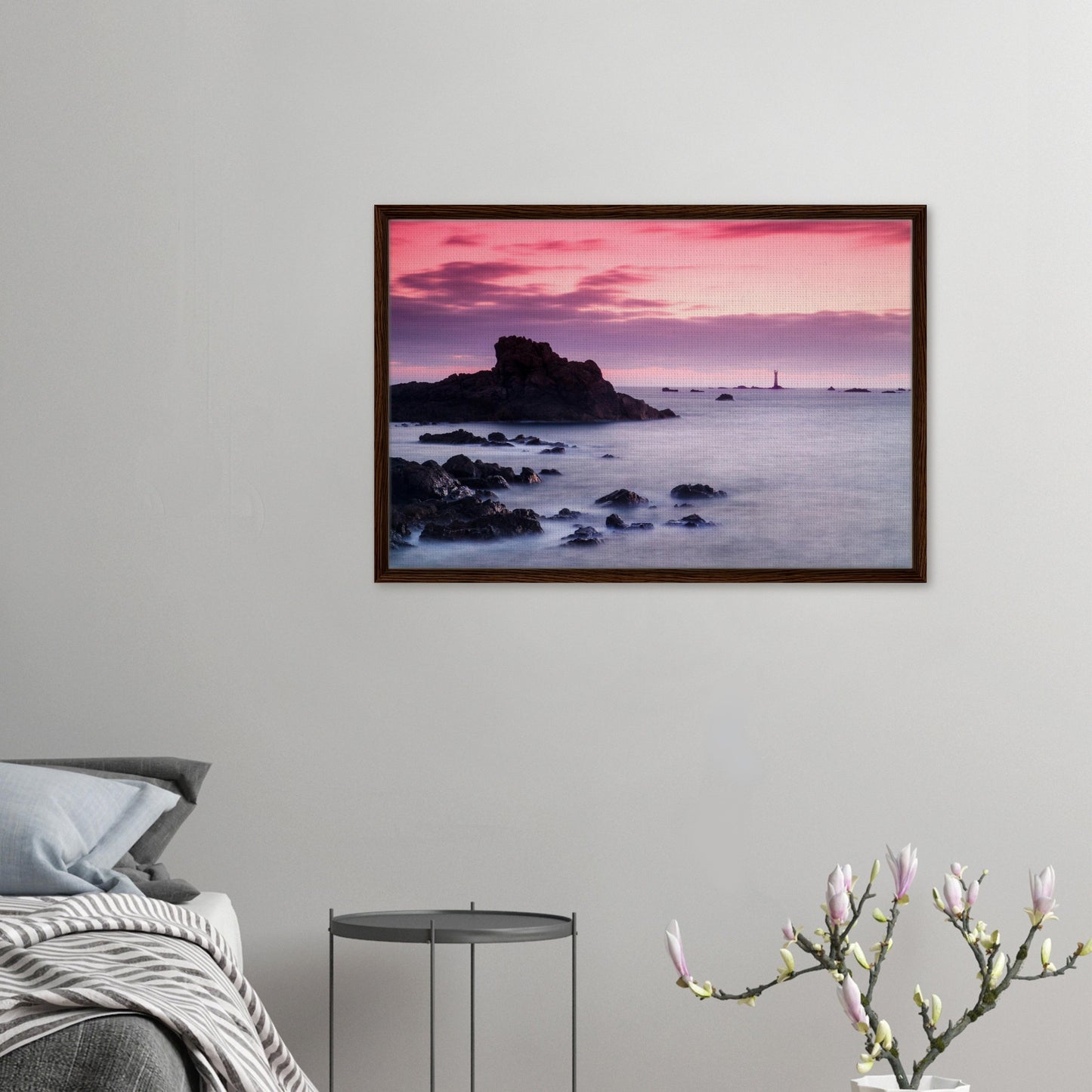 Tranquil framed canvas of Guernsey lighthouse at golden hour