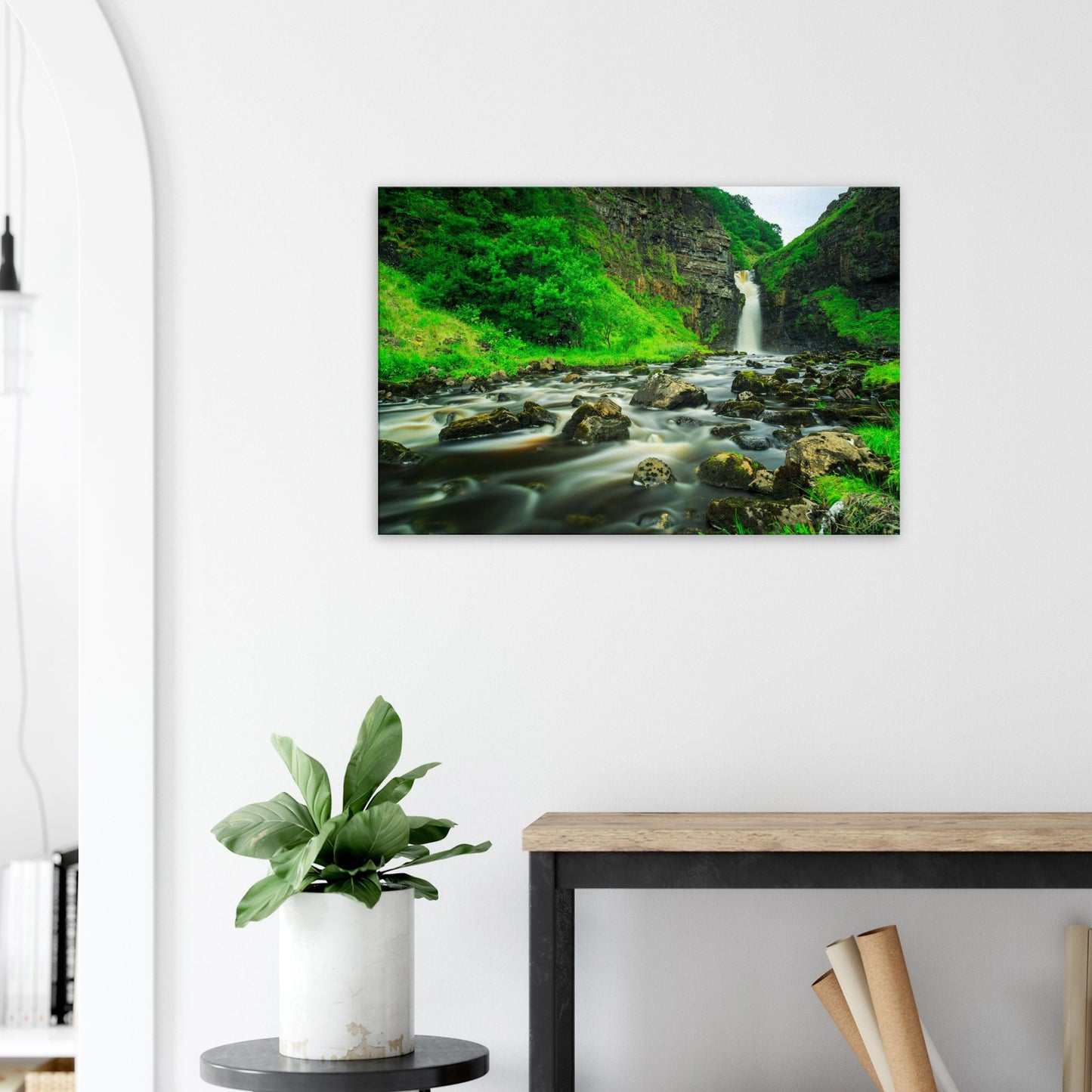 Canvas depicting the serene power of Lealt Falls with long-exposure water effect and lush vegetation on the Isle of Skye.