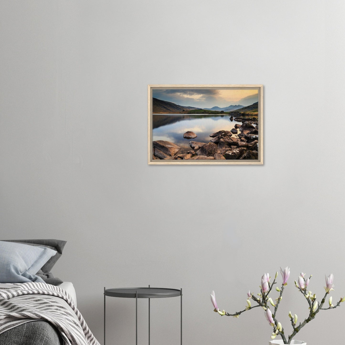 Dusk over Snowdonia mountains in serene lake print