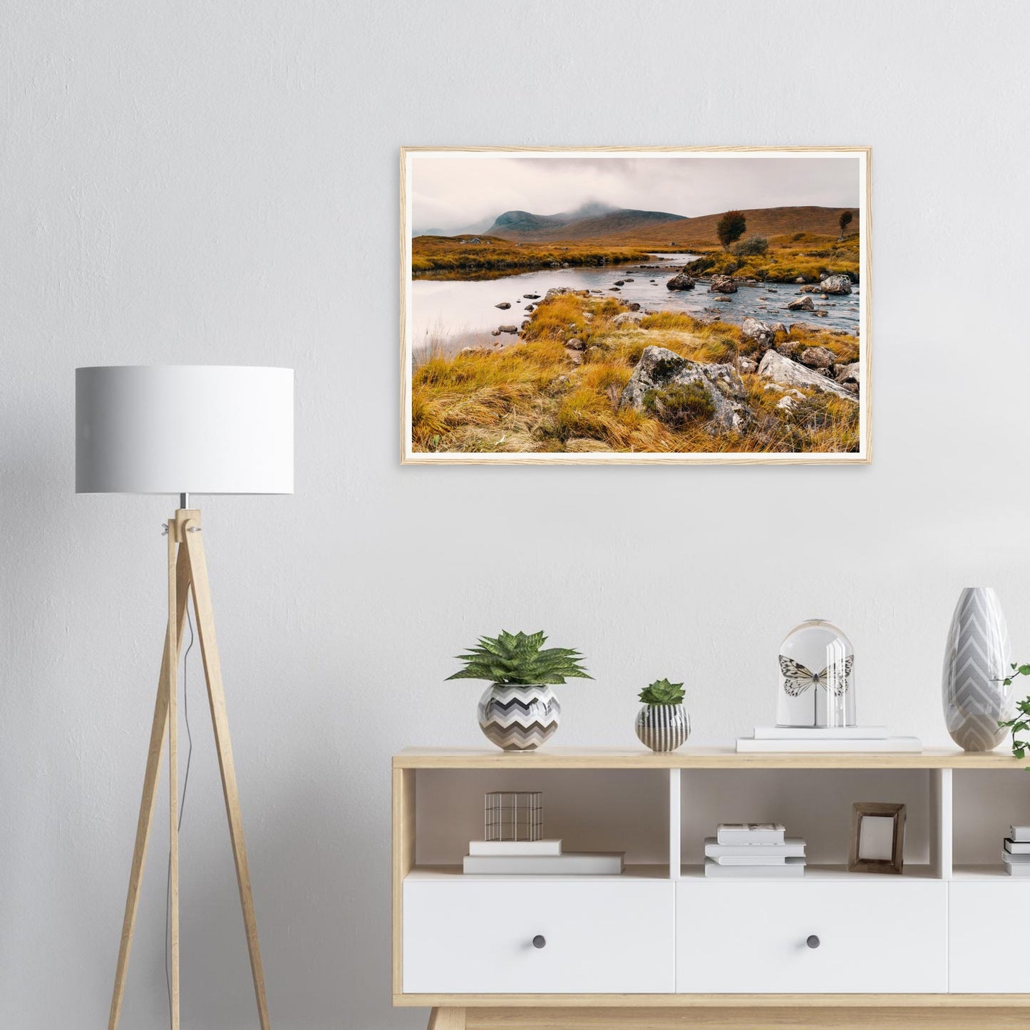 Scenic framed print of Loch Ba stones and reflections