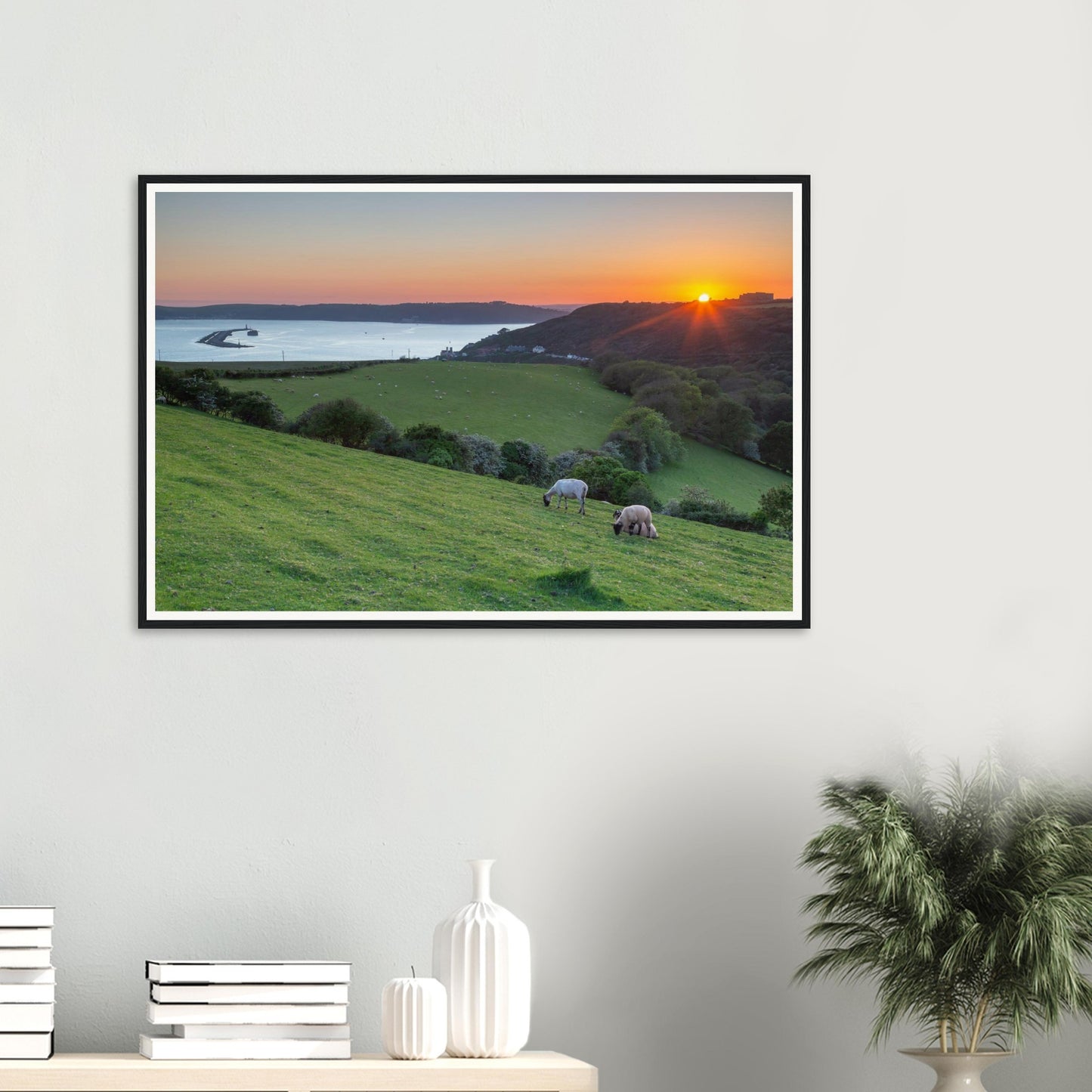 Atmospheric framed landscape print of Plymouth Sound sunset glow