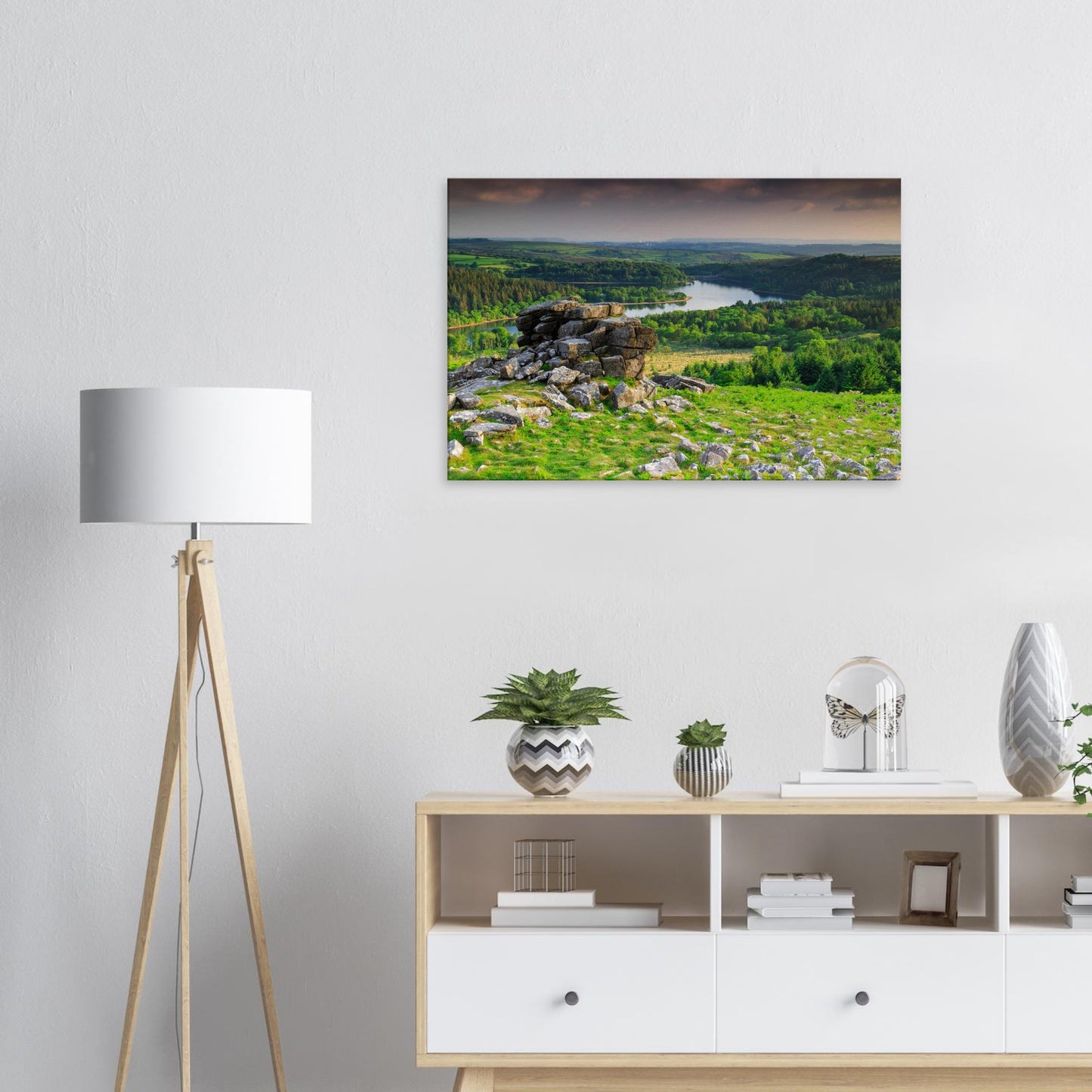 Devon landscape canvas featuring dramatic Leather Tor and calm reservoir waters.
