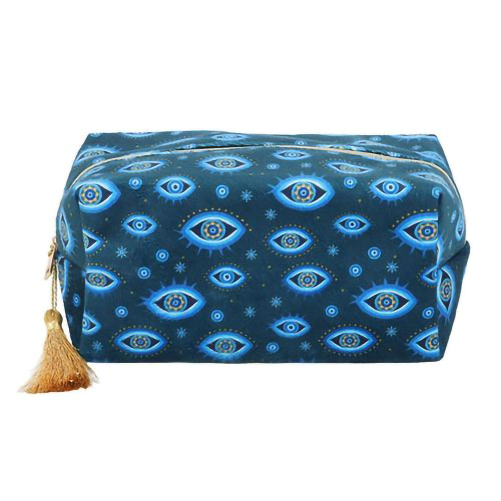 Blue velvet toiletry bag with all seeing eye and star design