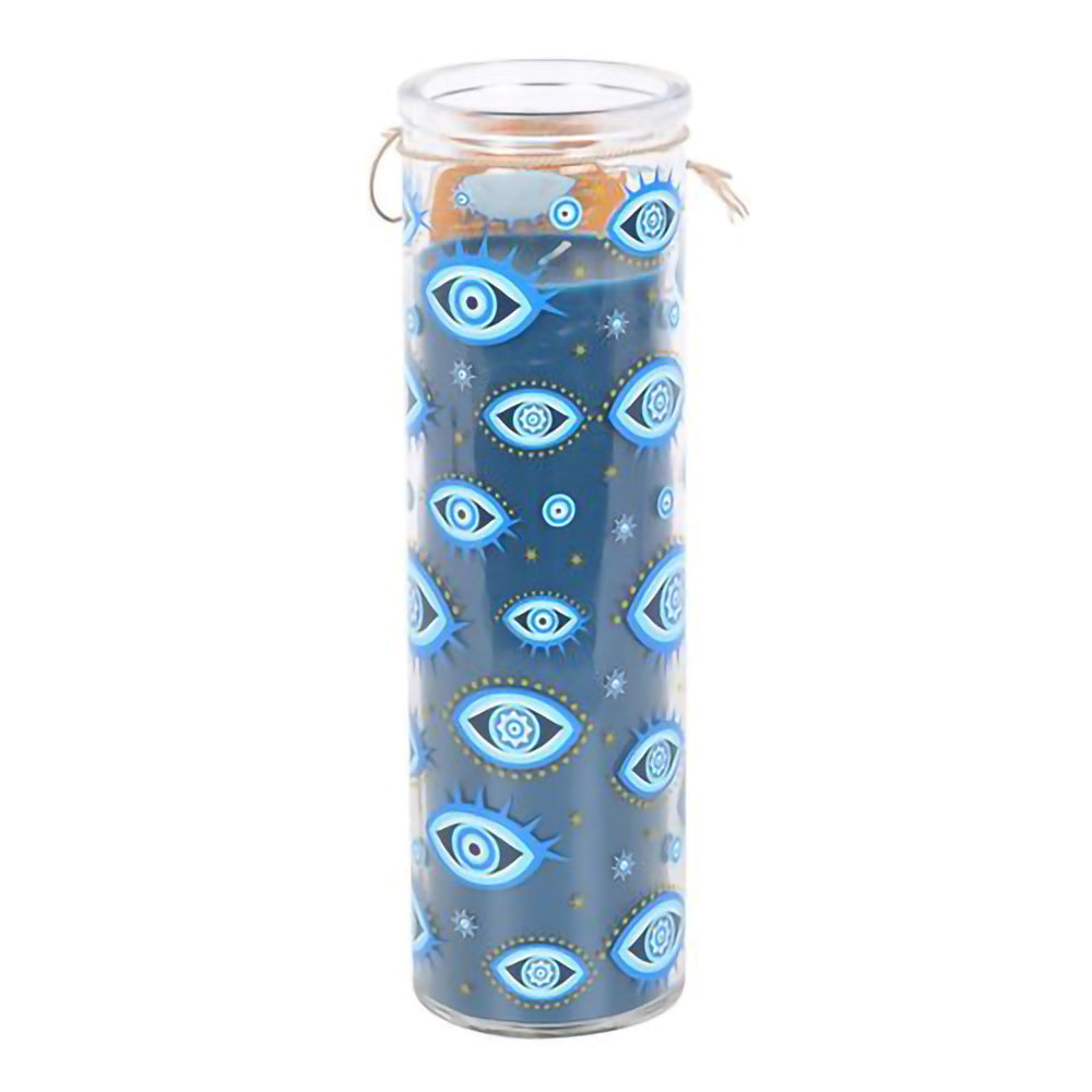 Mystical candle in glass tube packaging with celestial eye print