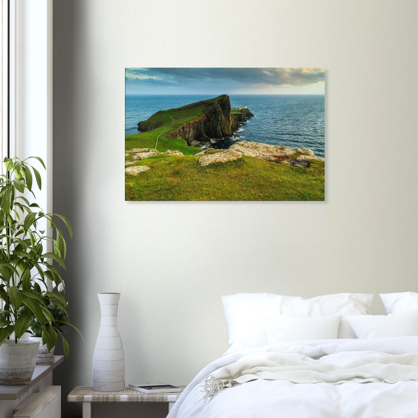 Isle of Skye canvas print showcasing Neist Point’s dramatic cliffs and remote lighthouse under vast skies.