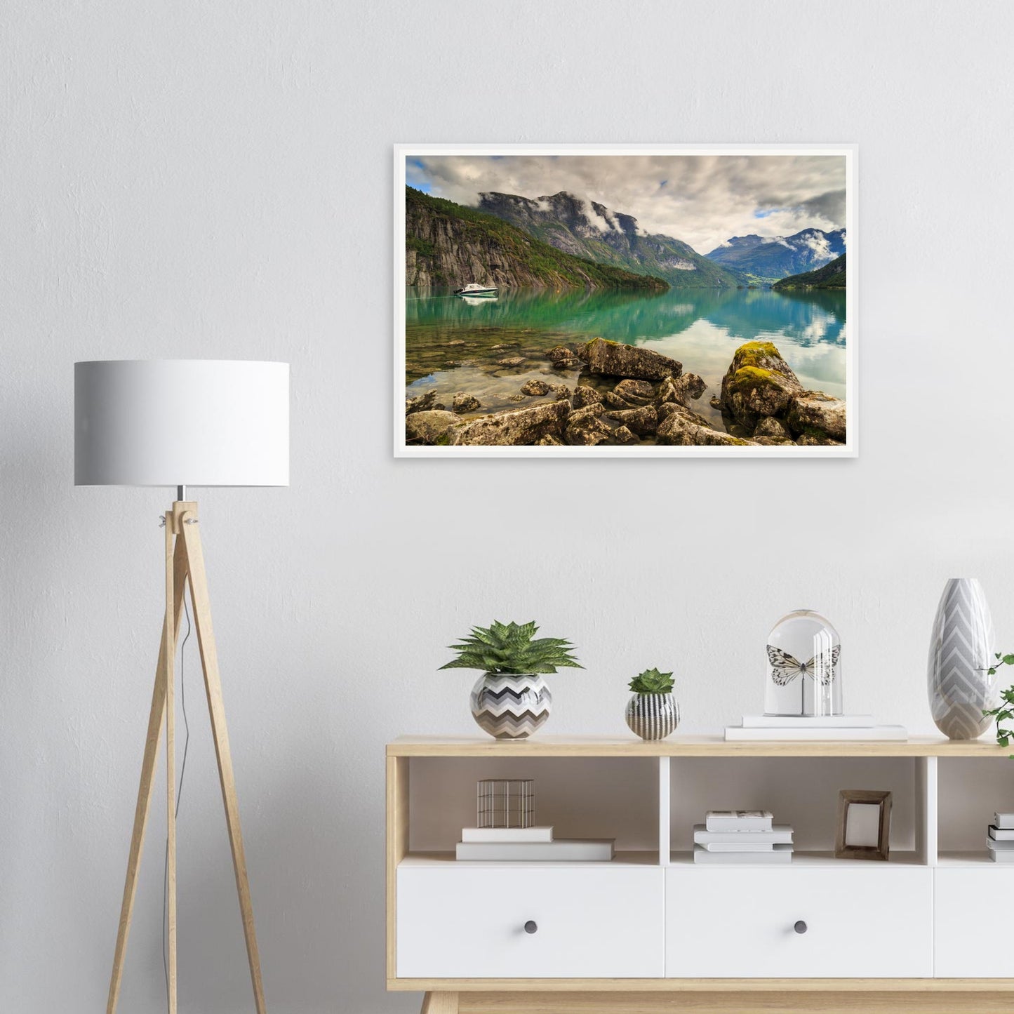 Mossy rocks by Strynevatnet Lake framed landscape wall print