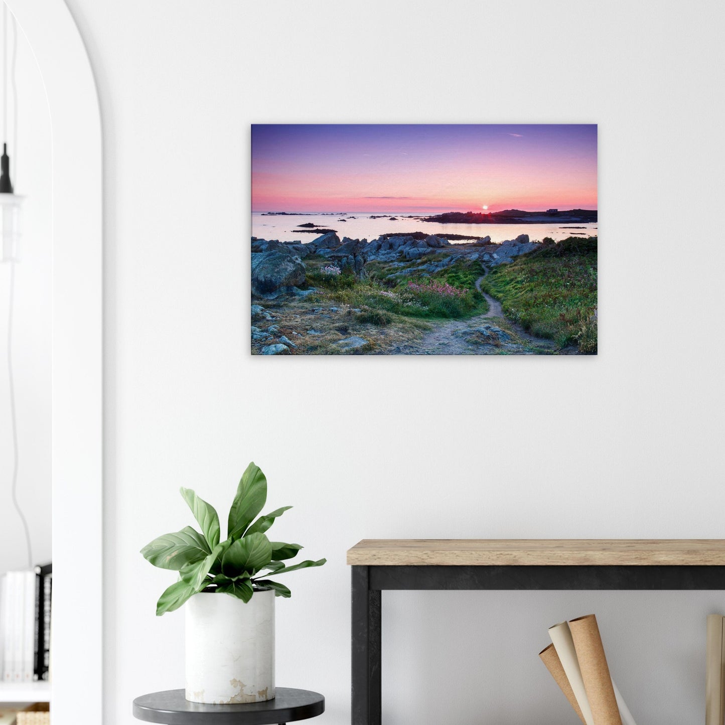 Canvas of a quiet evening on Lihou Island, with a radiant horizon, floral foreground, and tidal pools reflecting golden hues.