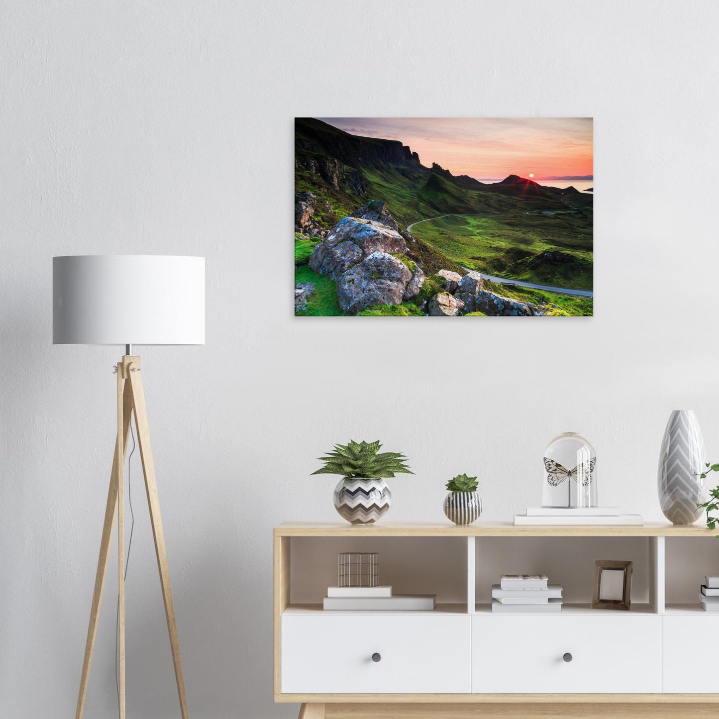 Vibrant sunset landscape canvas of The Quiraing with glowing sky, rocky formations, and green hills on the Isle of Skye.