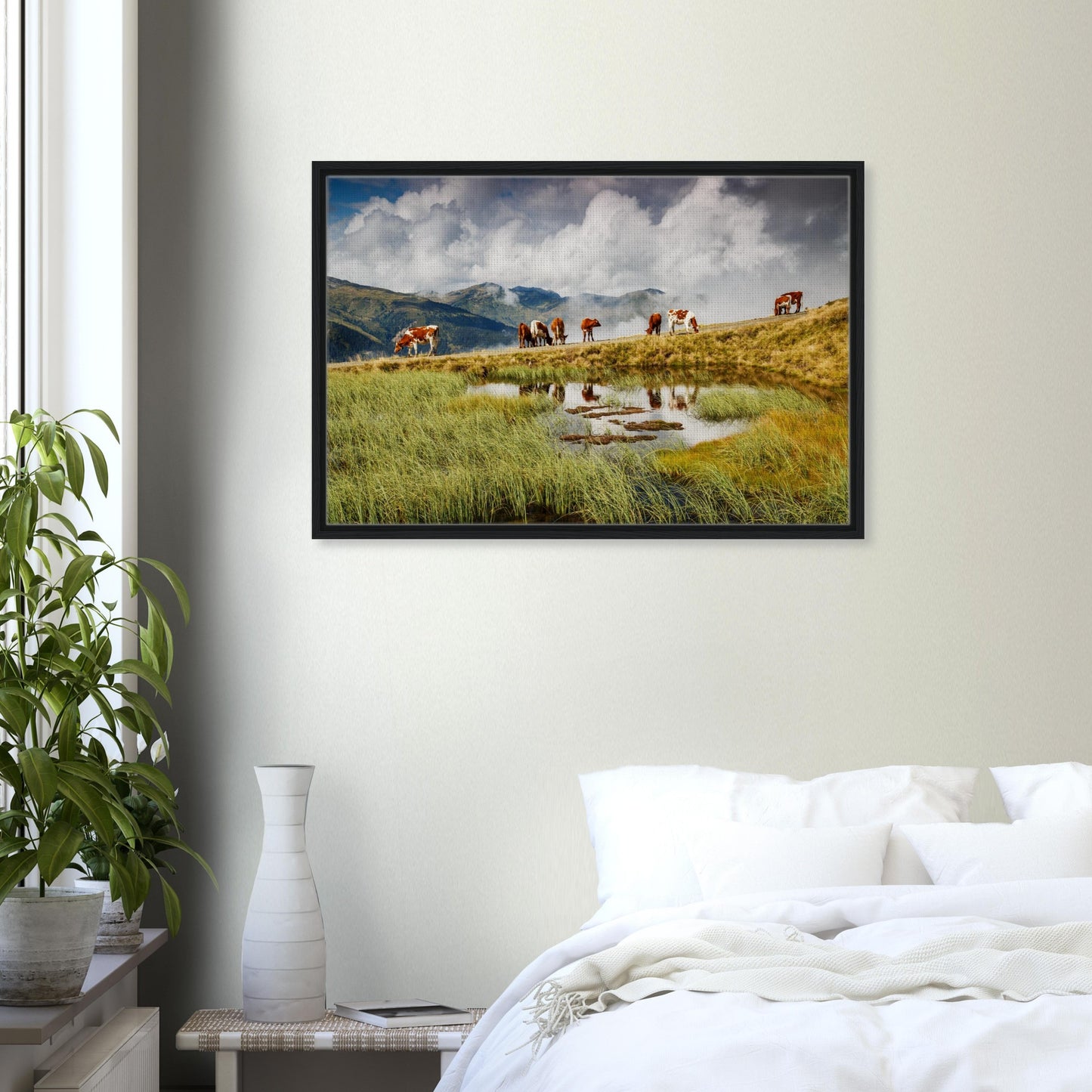 Cows by pond in lush Austrian mountain scene framed canvas