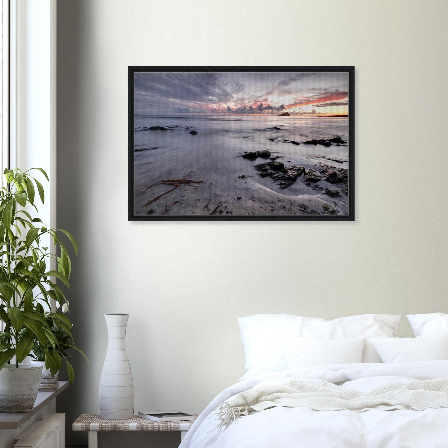 Silhouetted Mewstone and fading light in Wembury framed canvas
