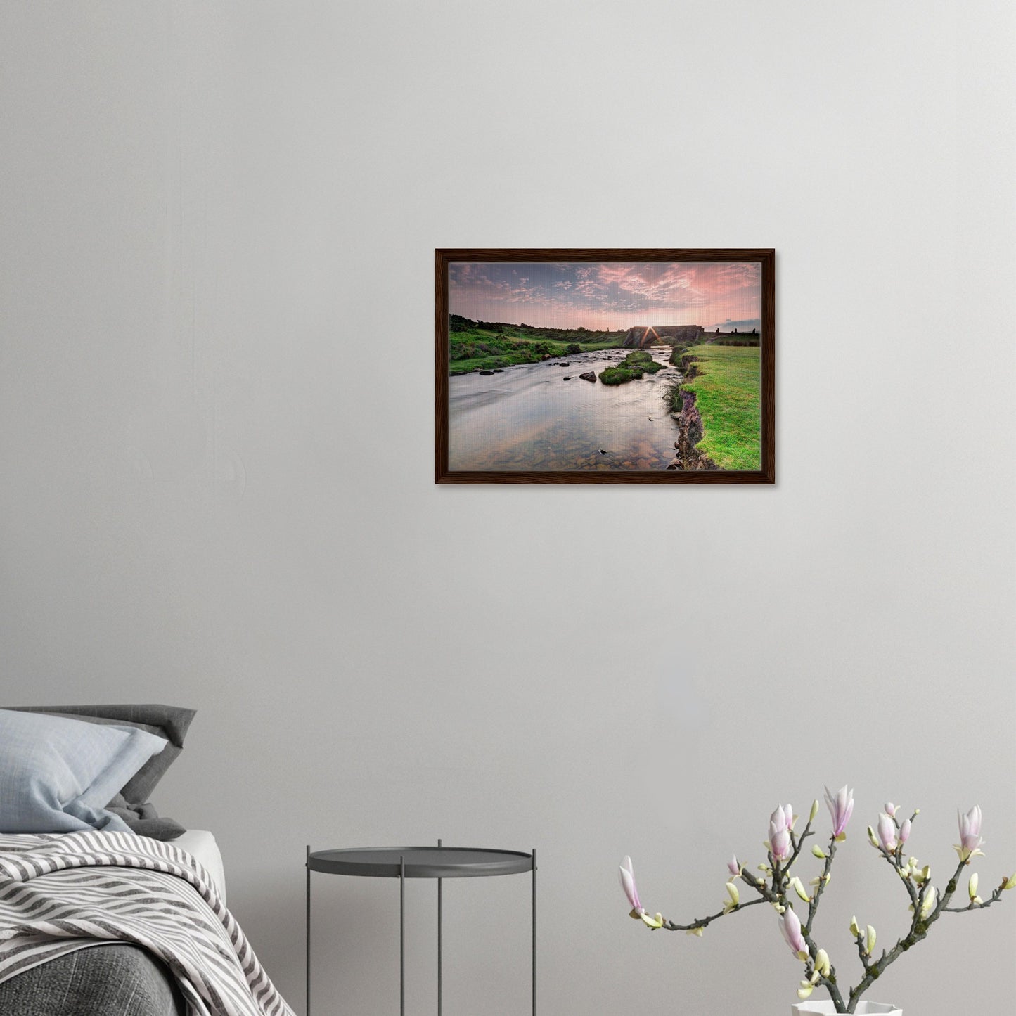 Early morning light on Dartmoor river and stone bridge in canvas