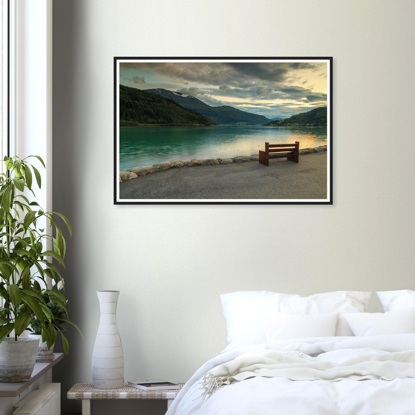 Atmospheric framed wall art of Innvikfjorden in soft light