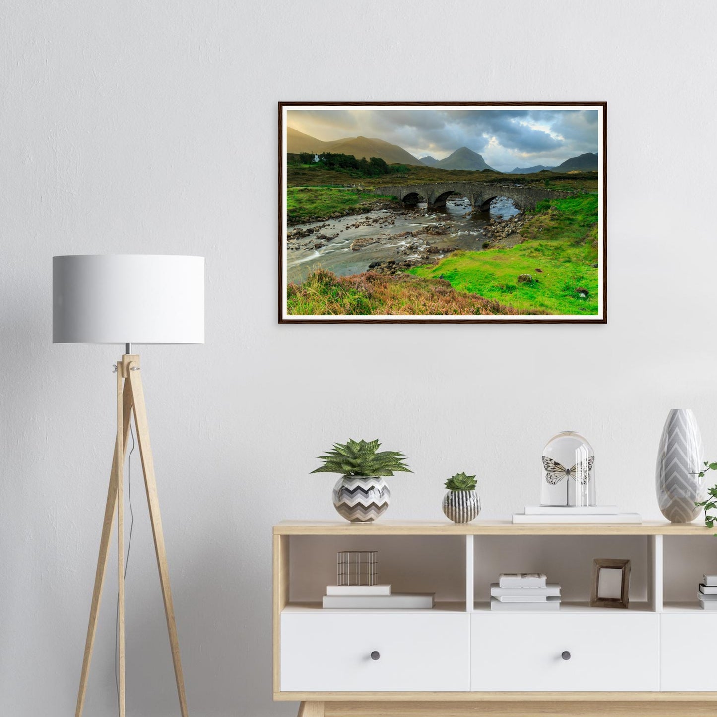 Stone bridge crossing river at Sligachan framed wall art