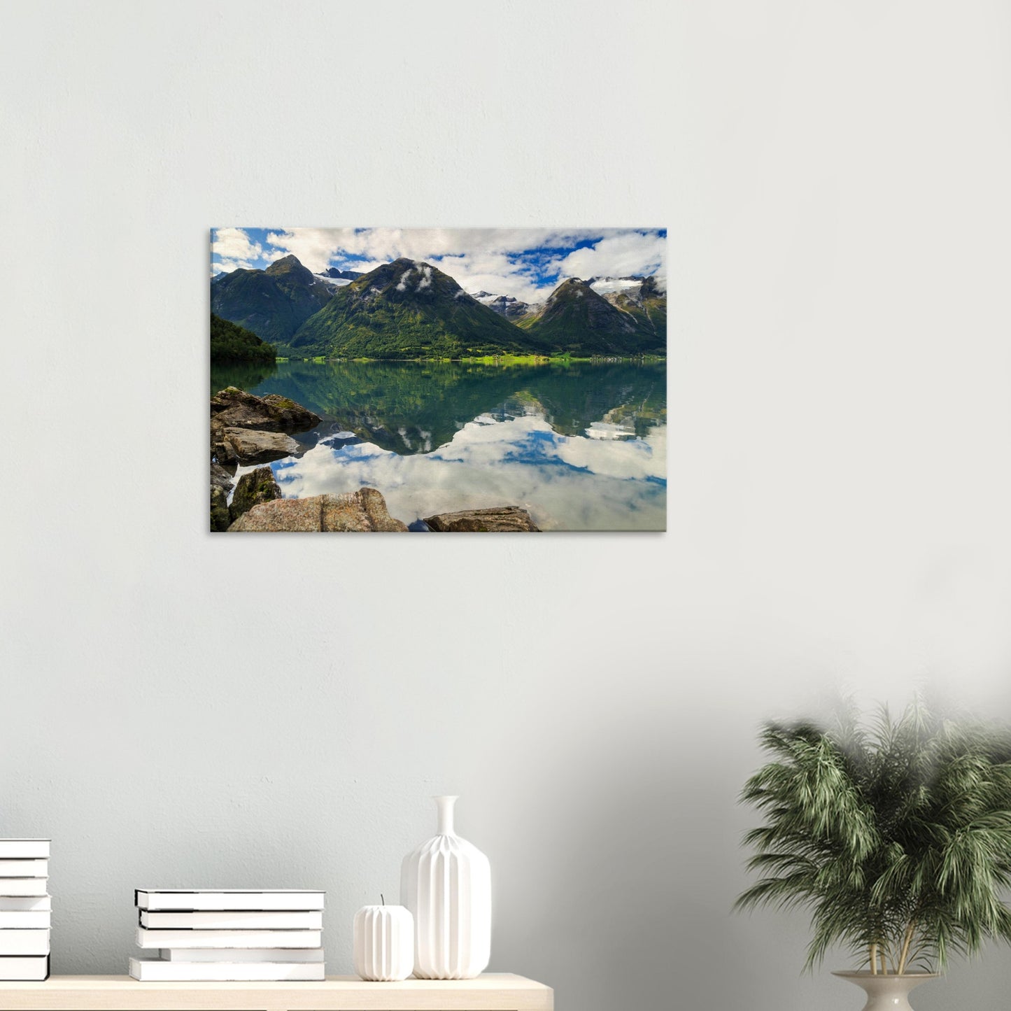Canvas print showcasing pristine natural beauty of Norway with still water and vibrant mountain flora
