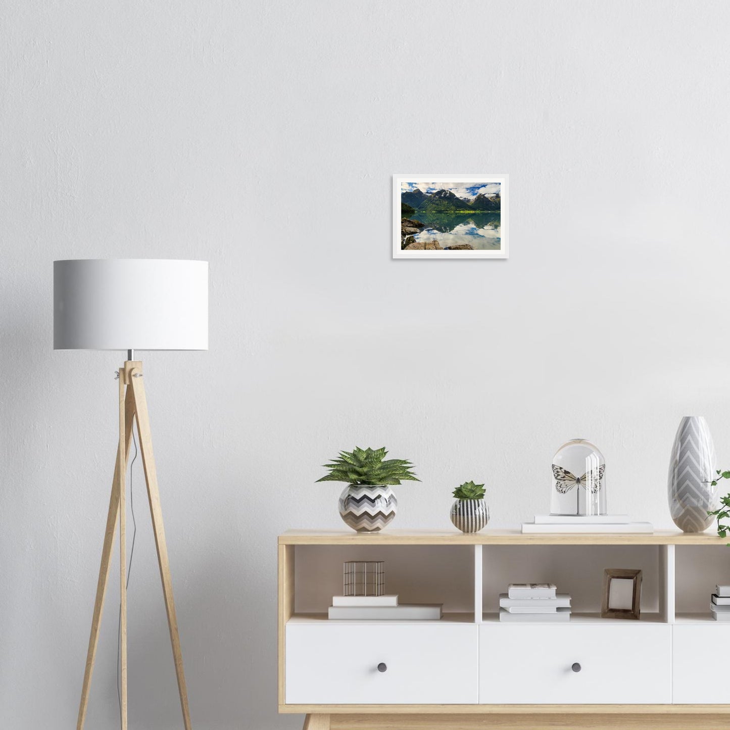 Cotton clouds reflected in Strynevatnet Lake framed wall art