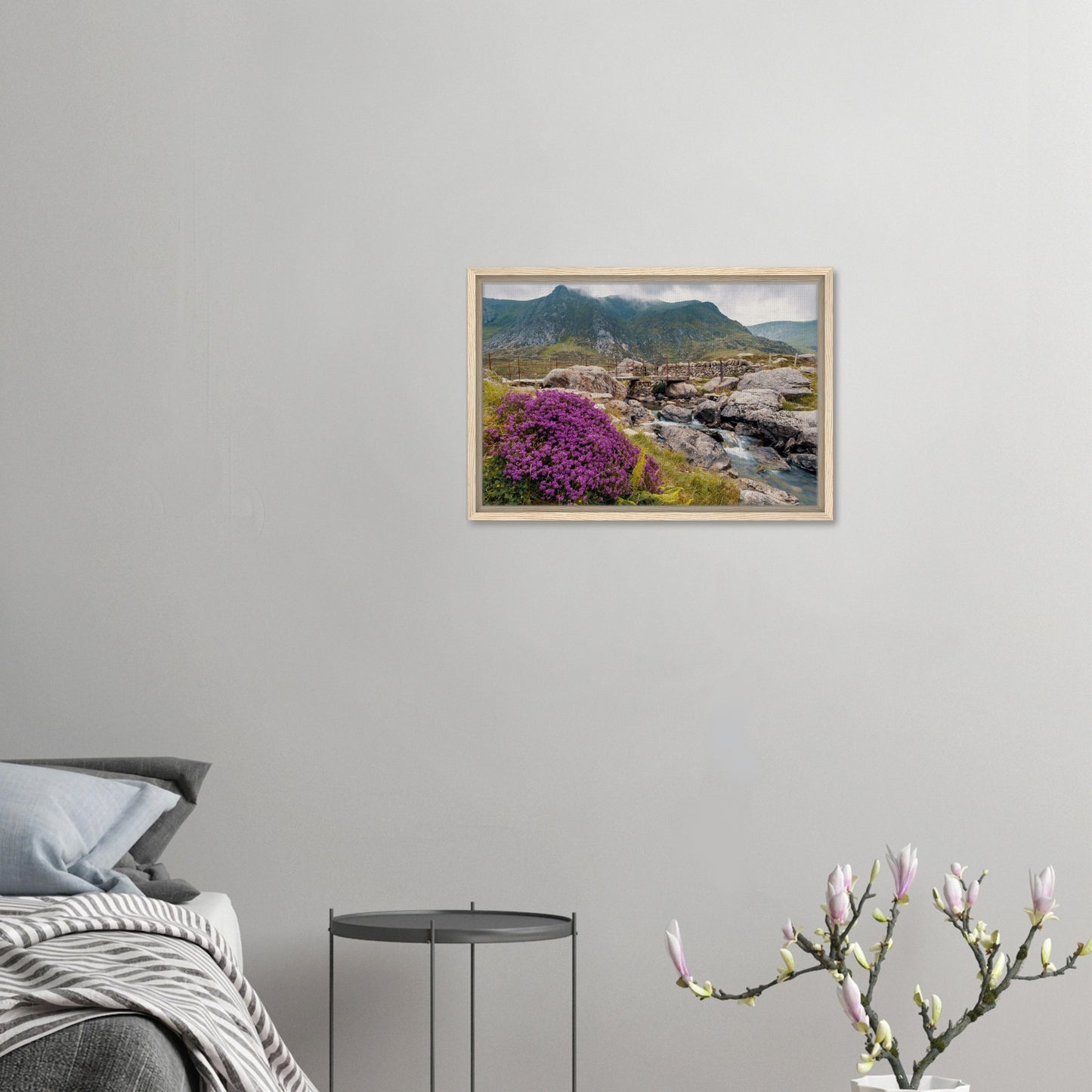 Nature scene with stream and traditional bridge