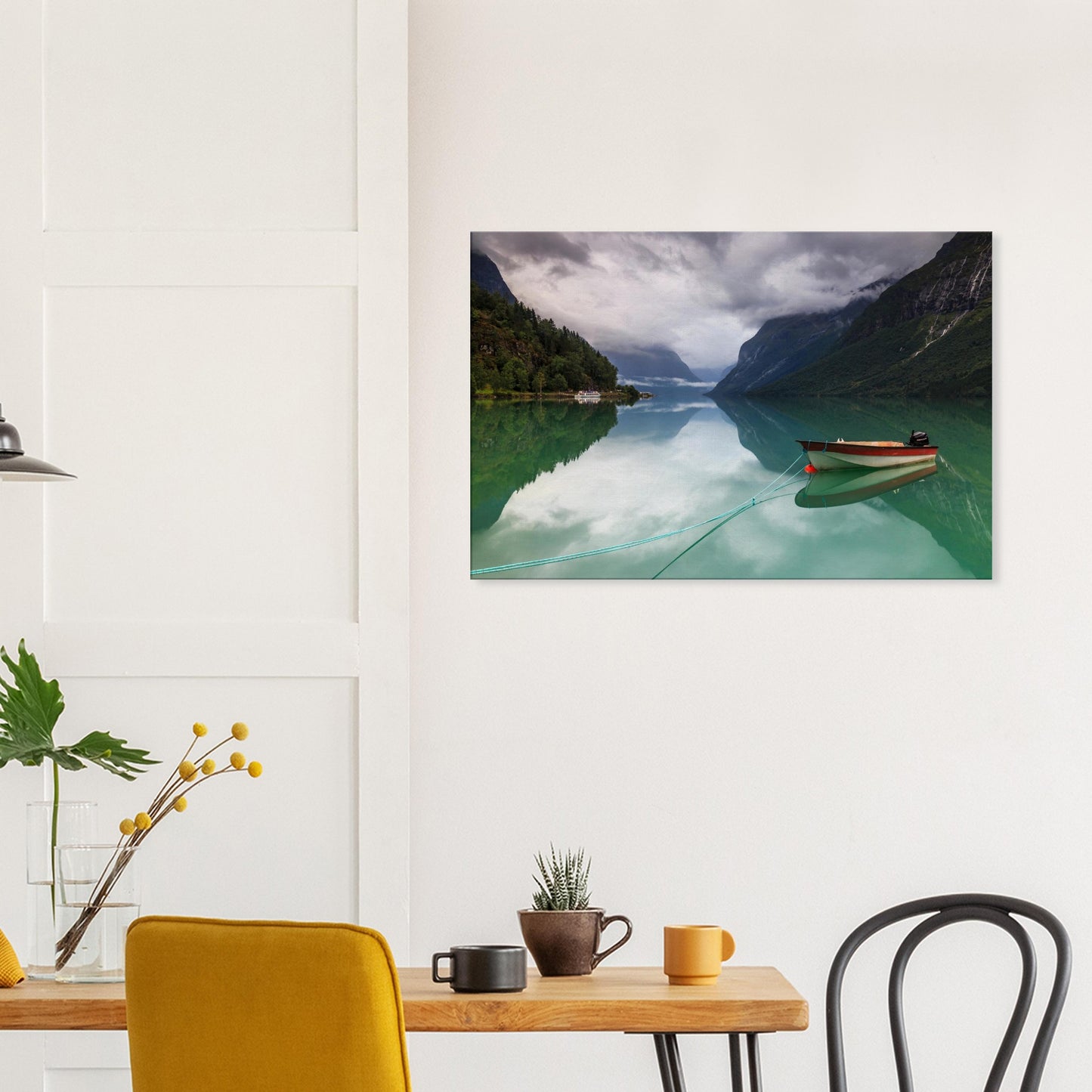 Canvas art of a serene Norwegian lake landscape with moody clouds and boat.