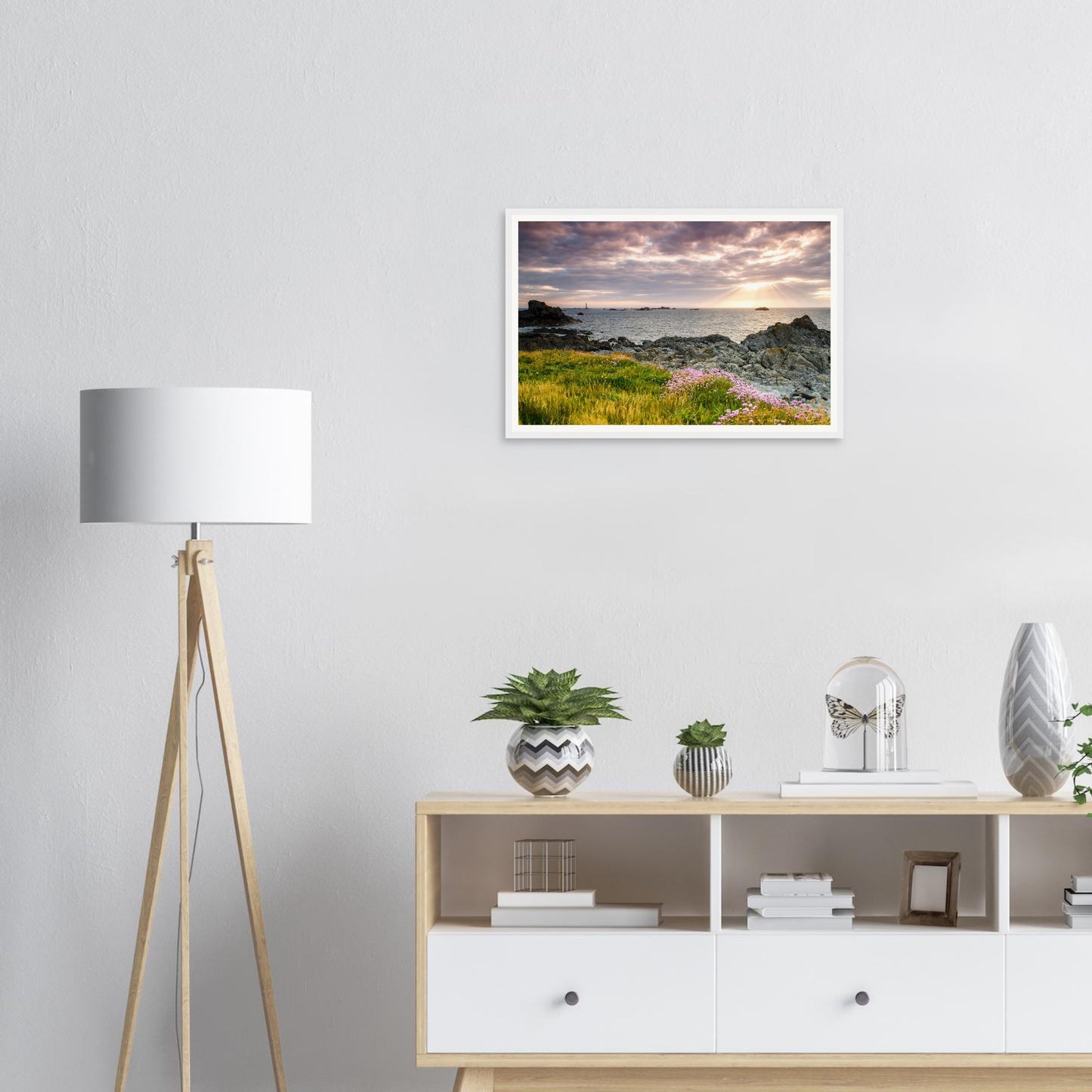Rugged coastal rocks and wildflowers at Pleinmont Point wall art