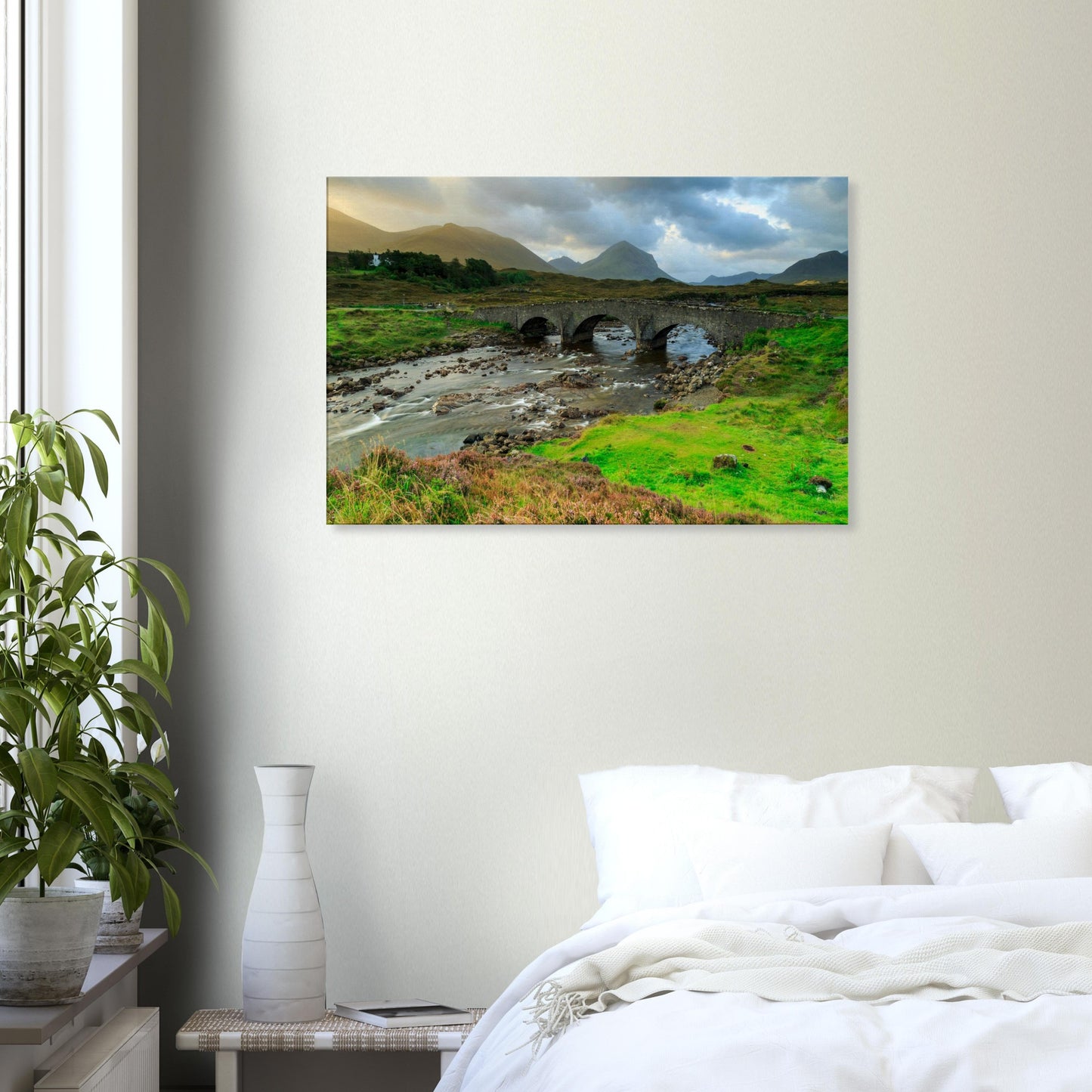 Historic Sligachan Bridge on canvas with tranquil river scene and Skye’s dramatic highland terrain.
