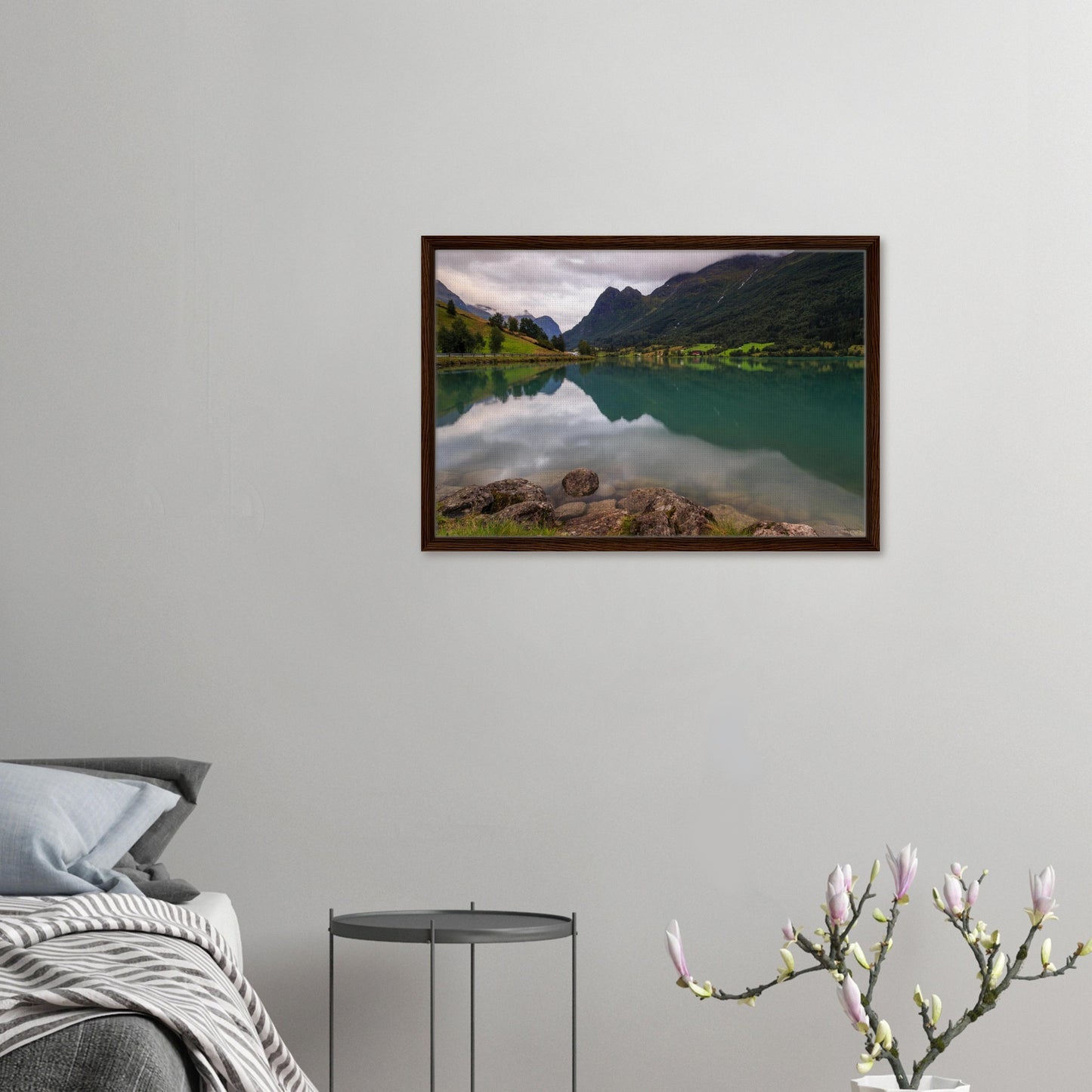 Quiet Lake Floen landscape print with stone-lined shoreline