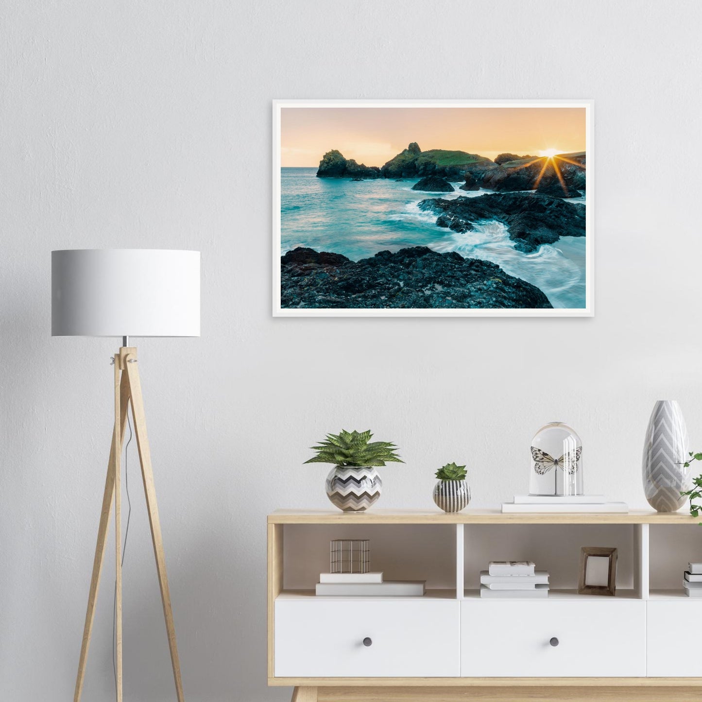 Framed landscape print of Kynance Cove with jagged rocks
