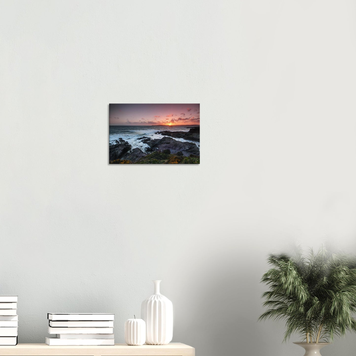 Coastal landscape canvas print featuring Heybrook Bay’s dramatic cliffs, glowing sea, and delicate wildflowers under a warm evening sky.