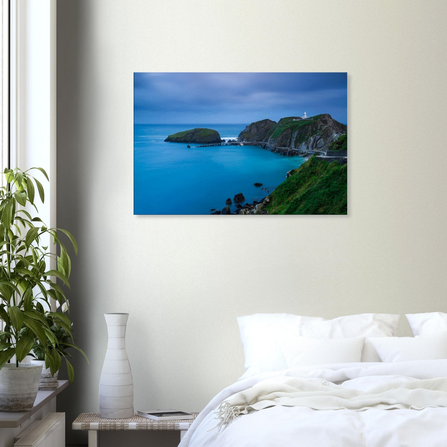 Atmospheric dusk canvas of Lundy Island with a historic lighthouse, quiet bay, and rocky cliffs softened by evening light.