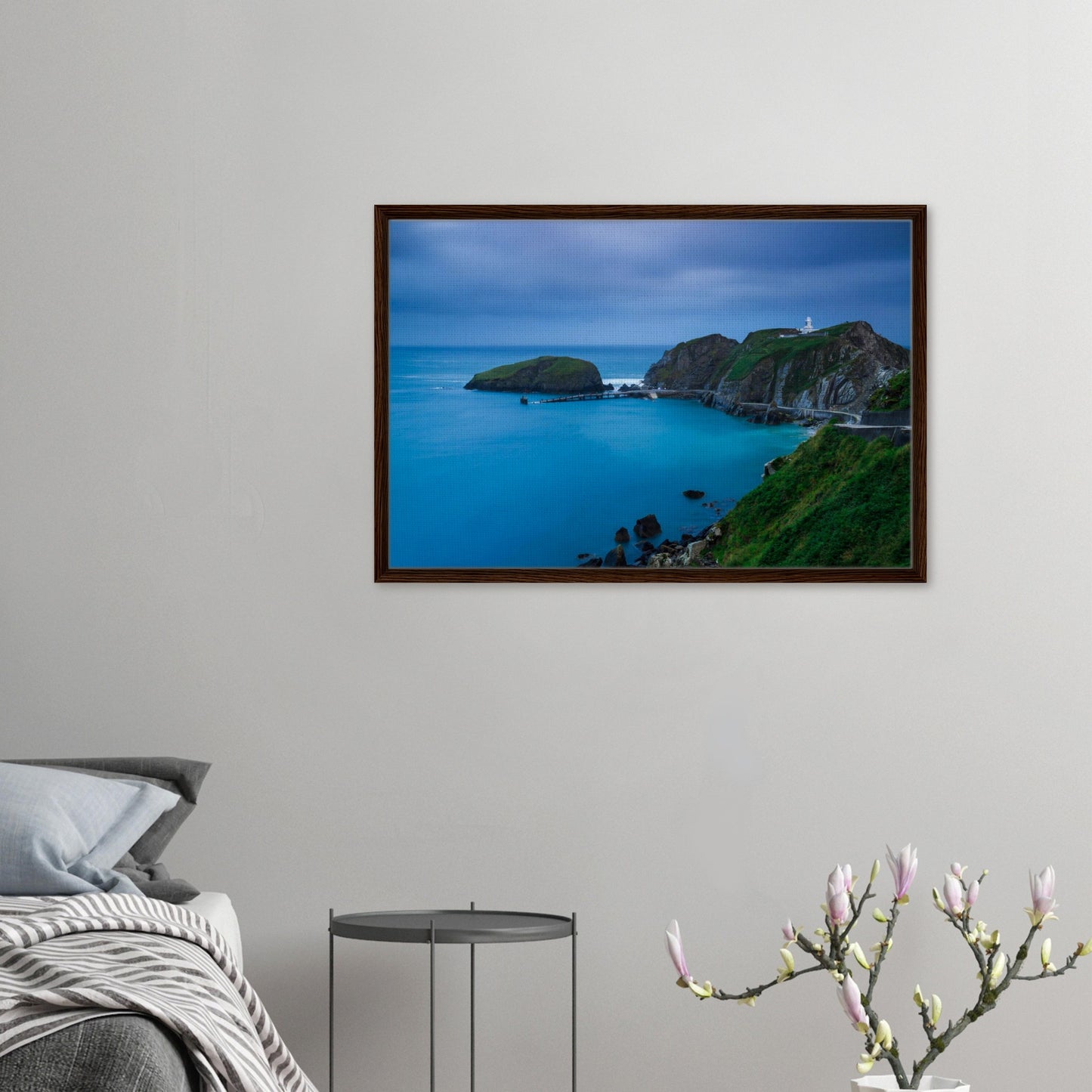 Evening light over cliffs and pier at Landing Bay in wall art