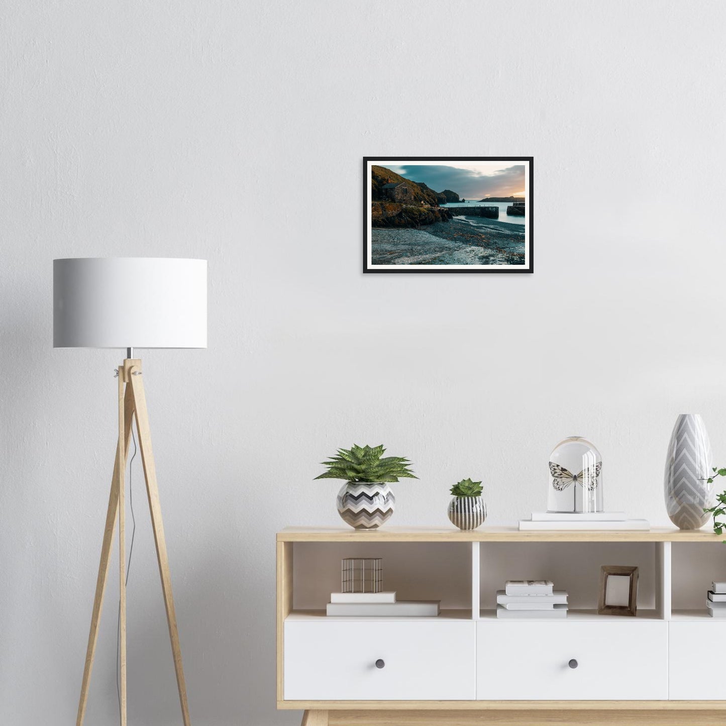 Harbour building and quay at Mullion Cove framed print Cornwall