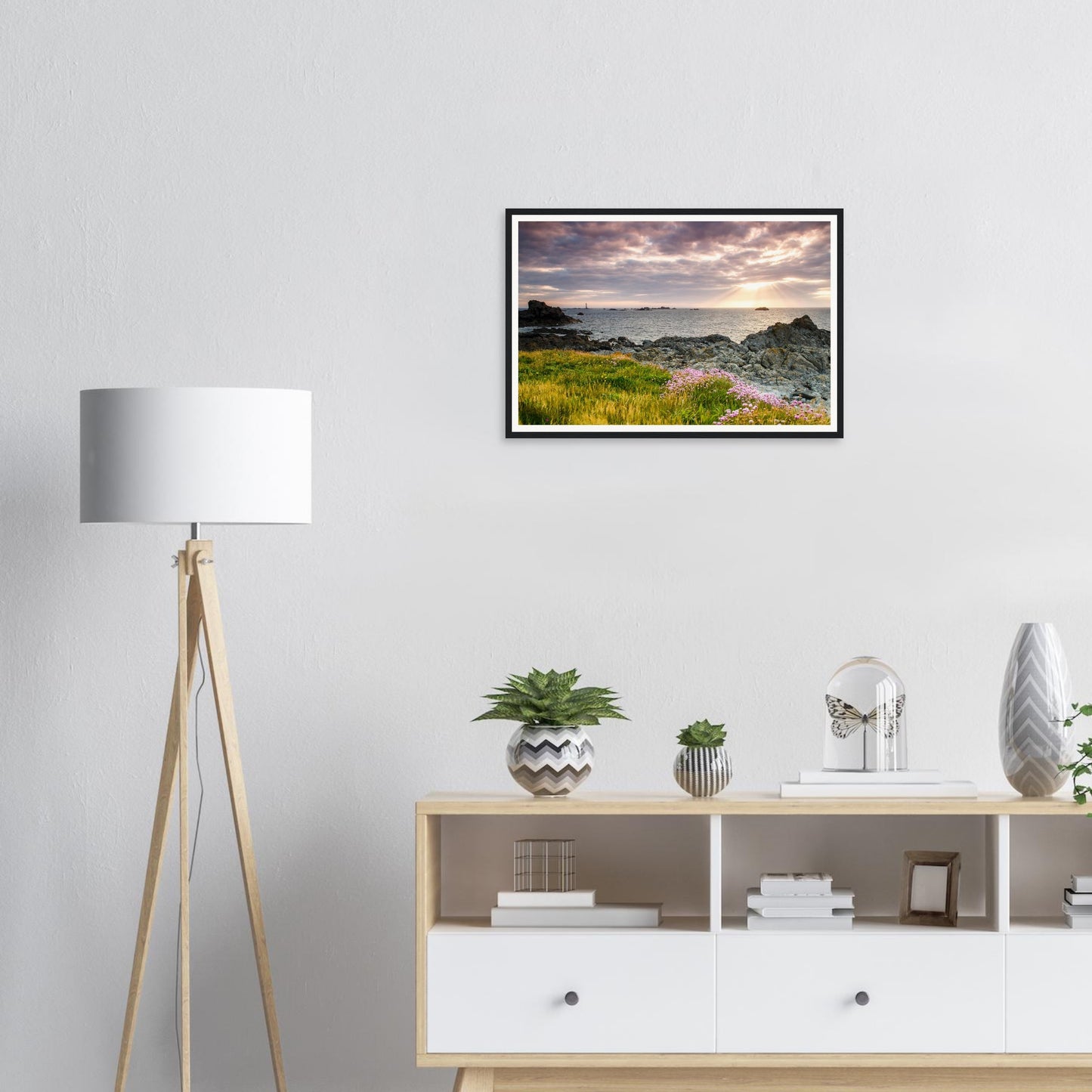 Framed wall art of Pleinmont Point with golden grasses at dusk