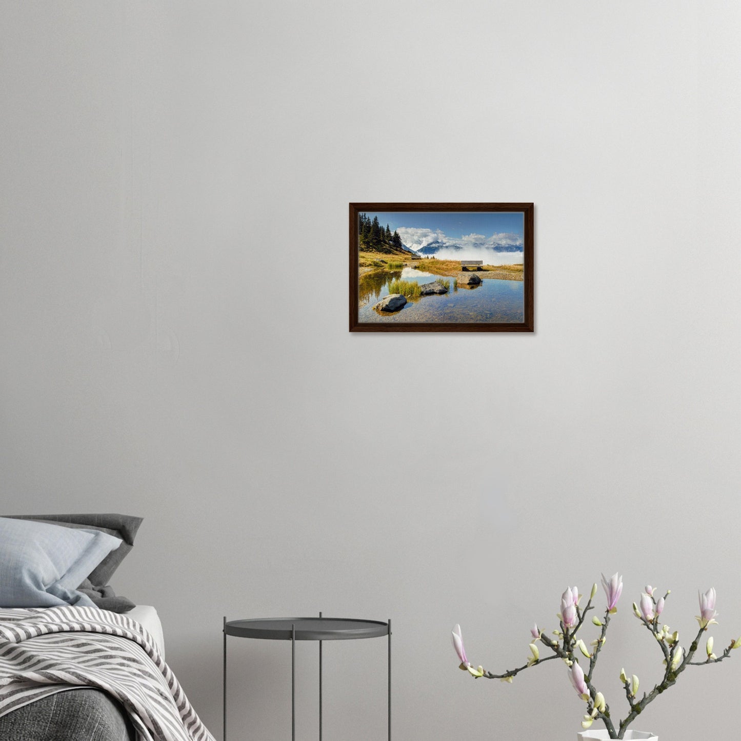 Framed canvas of Panoramabahn with still water and distant peaks