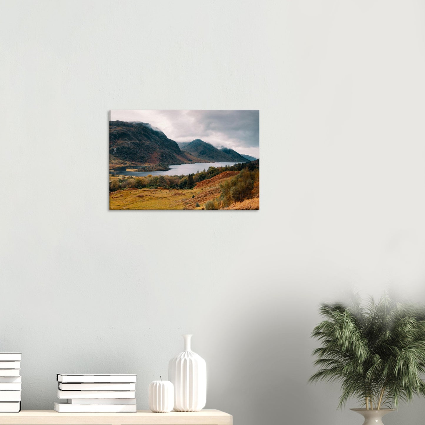 Scottish loch and mountains in golden autumn light on canvas