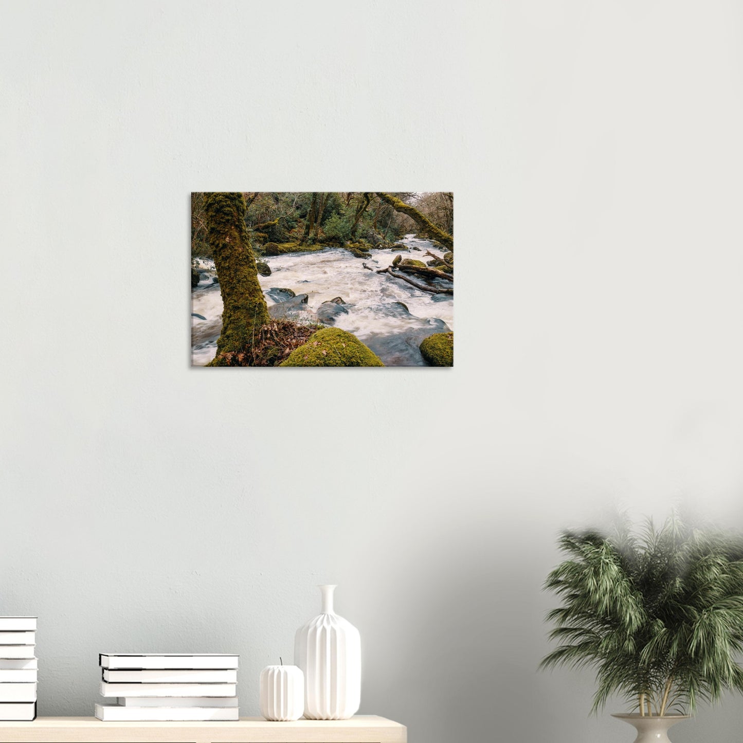 Natural woodland scene with energetic river flow through Dartmoor moorland