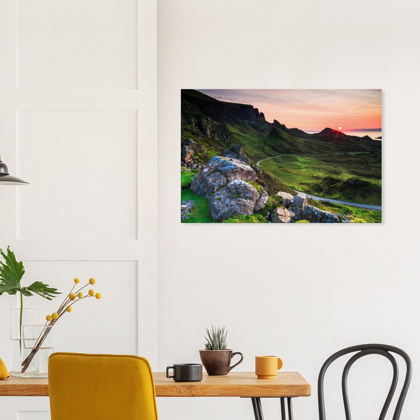 Canvas art showing the mystical beauty of The Quiraing at sunset with vivid colors and rugged Scottish highland scenery.