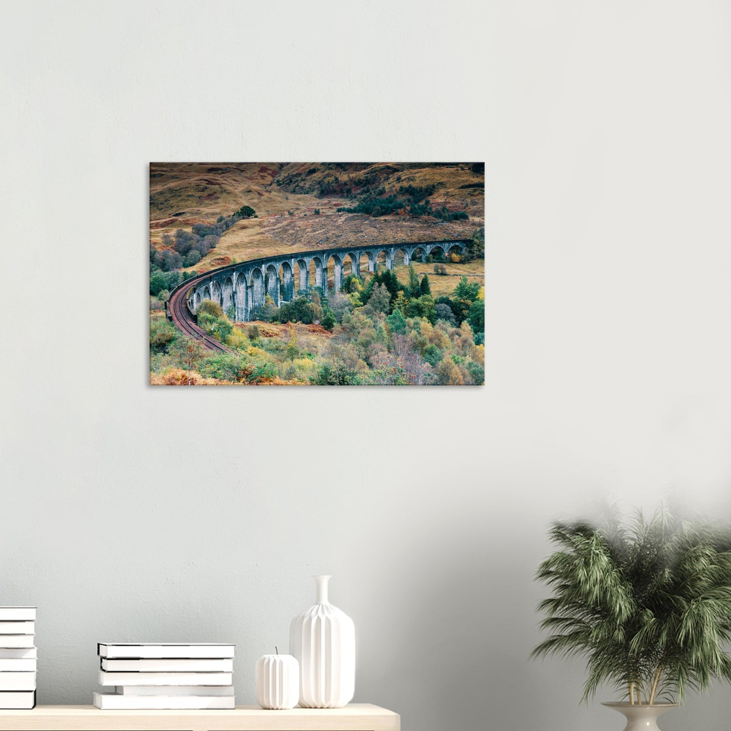 Sweeping railway viaduct in scenic autumn Highlands on canvas