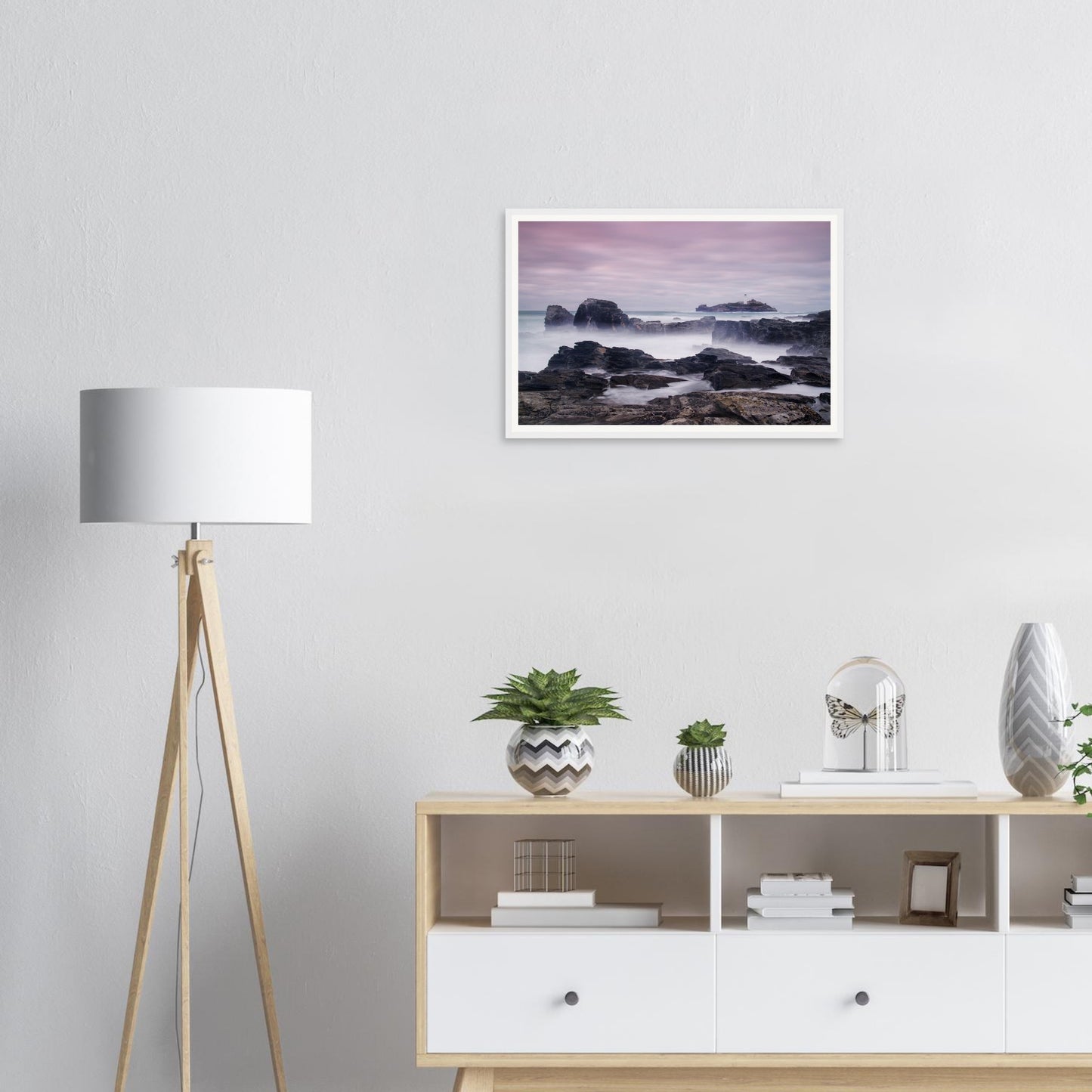 Cornwall framed wall art featuring Godrevy Lighthouse and pastel sky