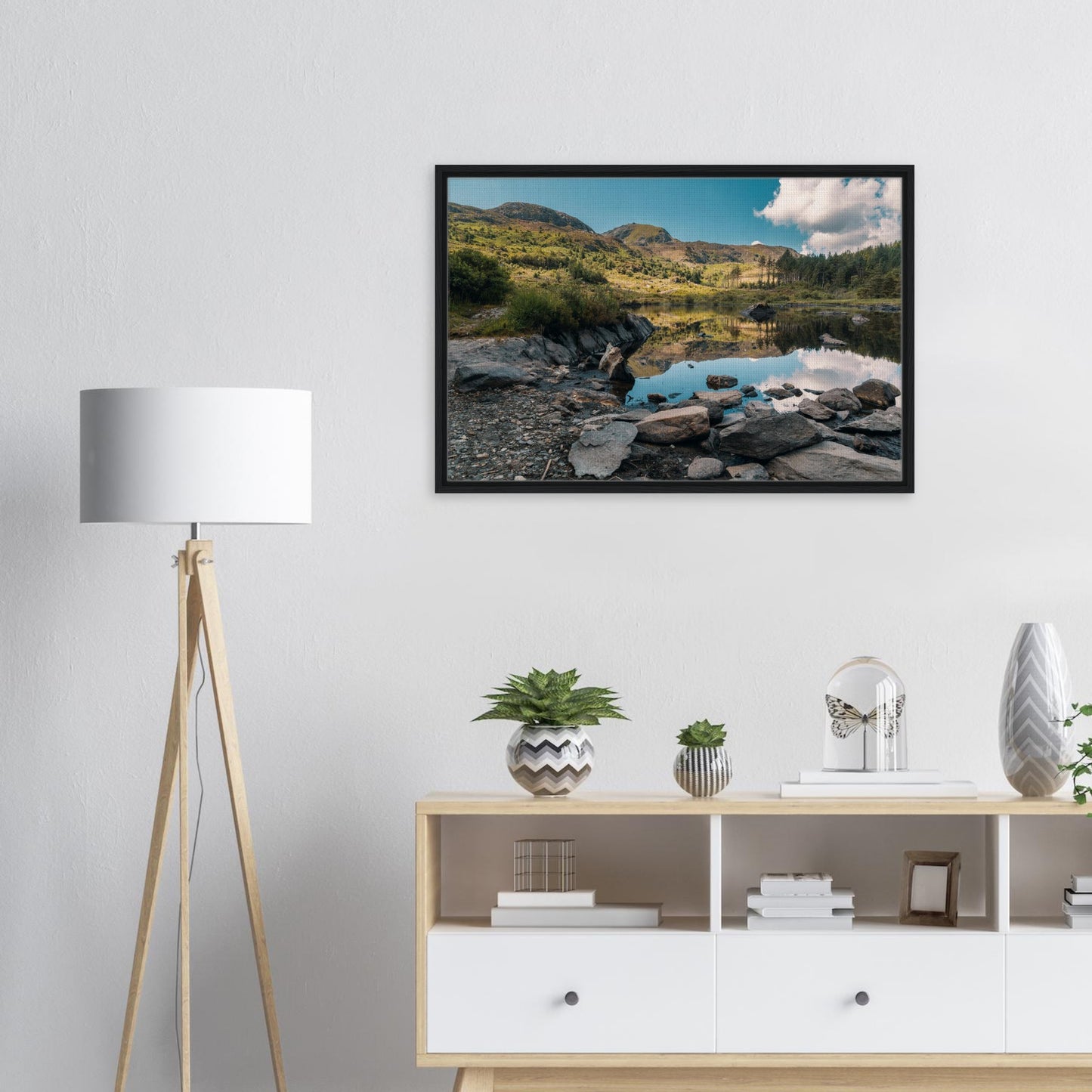 Peaceful Welsh lake scene on framed canvas