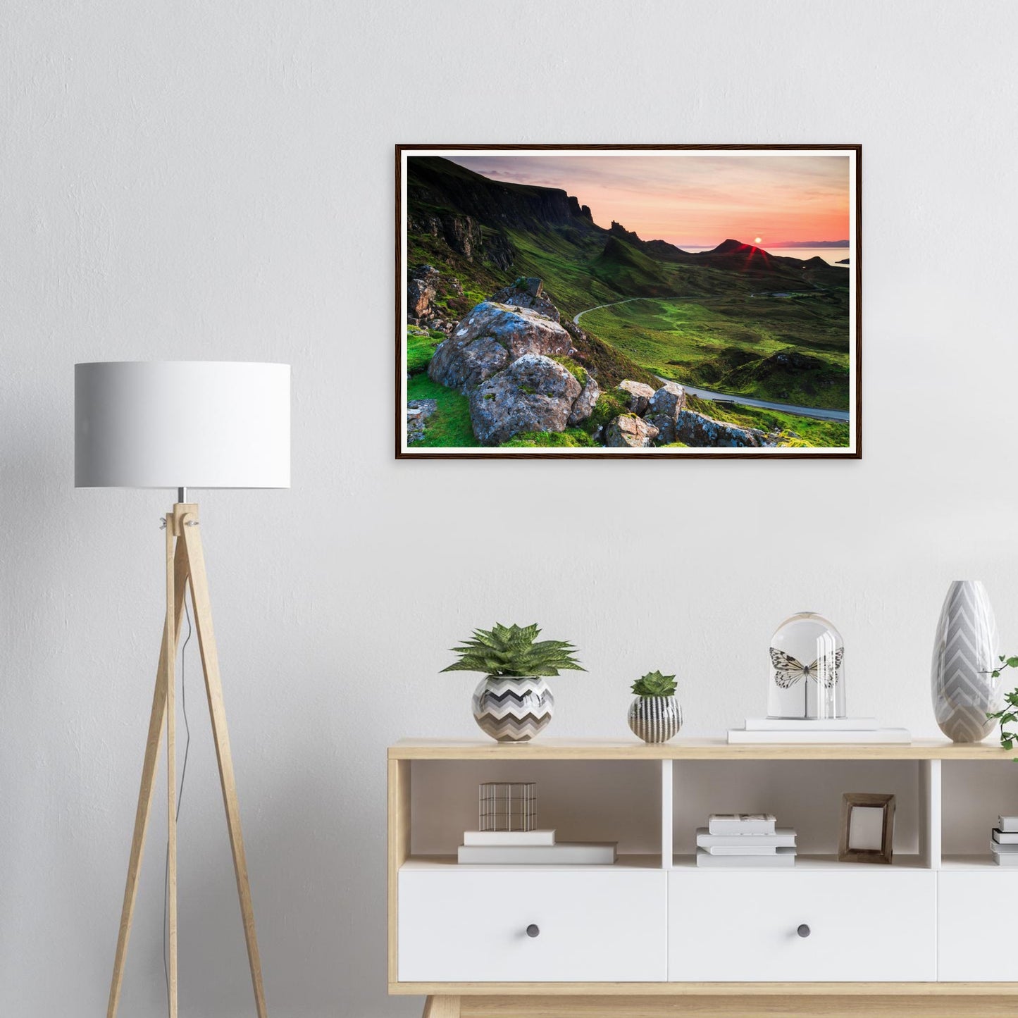 Scenic landscape framed art of The Quiraing mountains at sunset