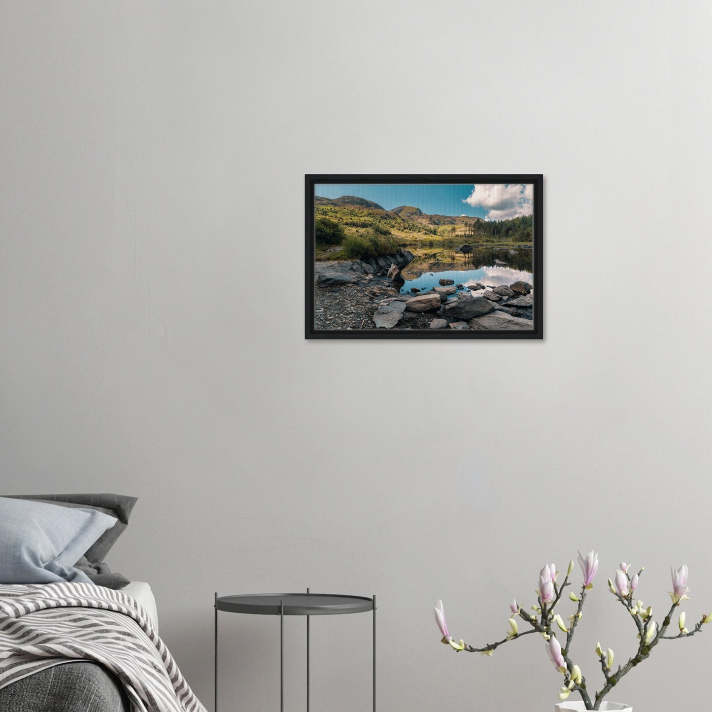 Serene landscape with lake and rocks artwork