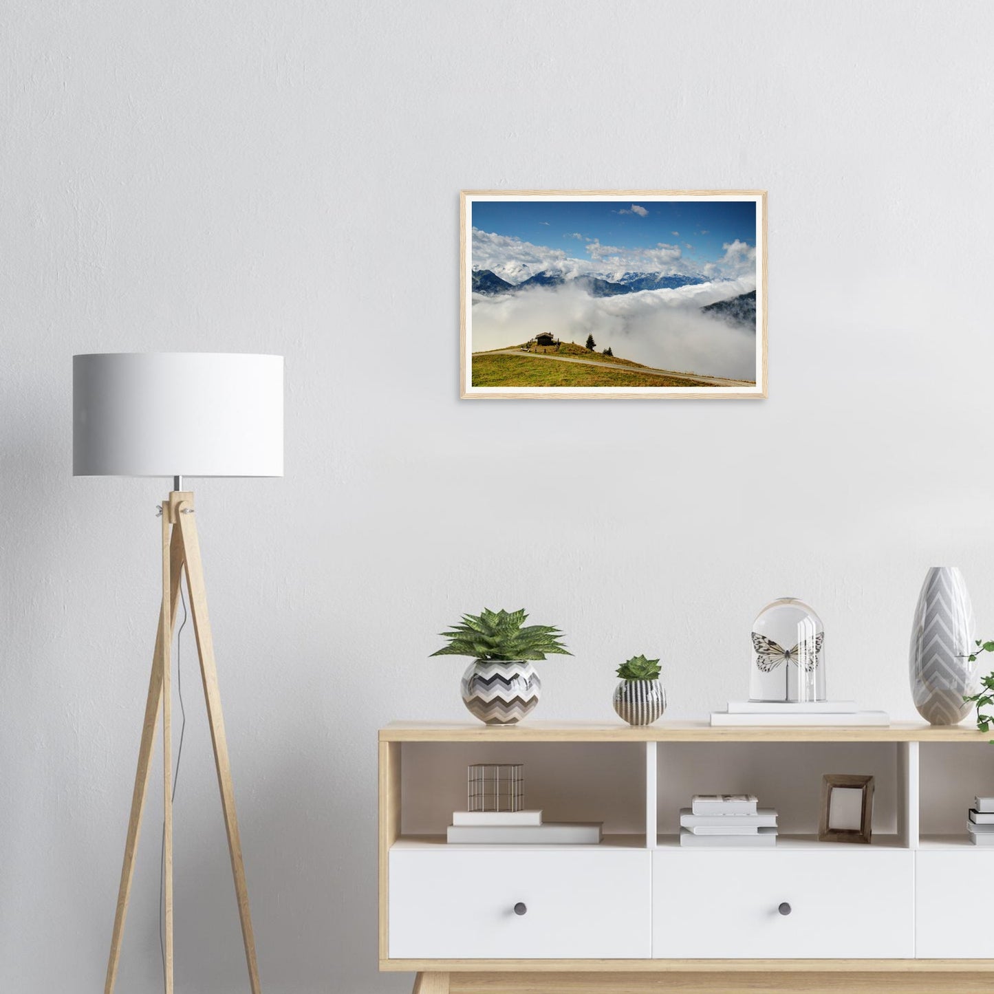 Sea of clouds blanketing valley below Panoramabahn framed print