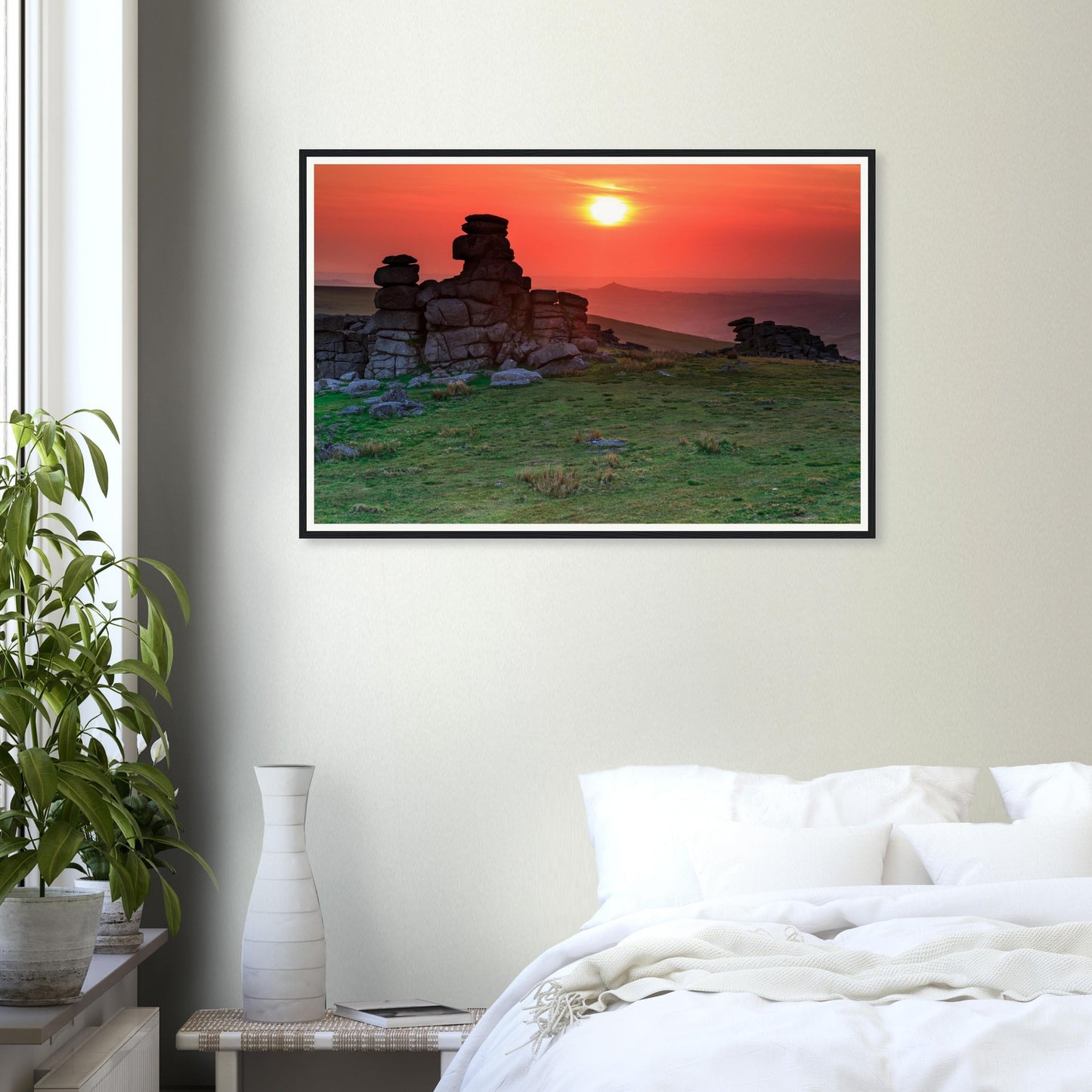 Fiery sunset sky over granite outcrops framed wall art of Dartmoor