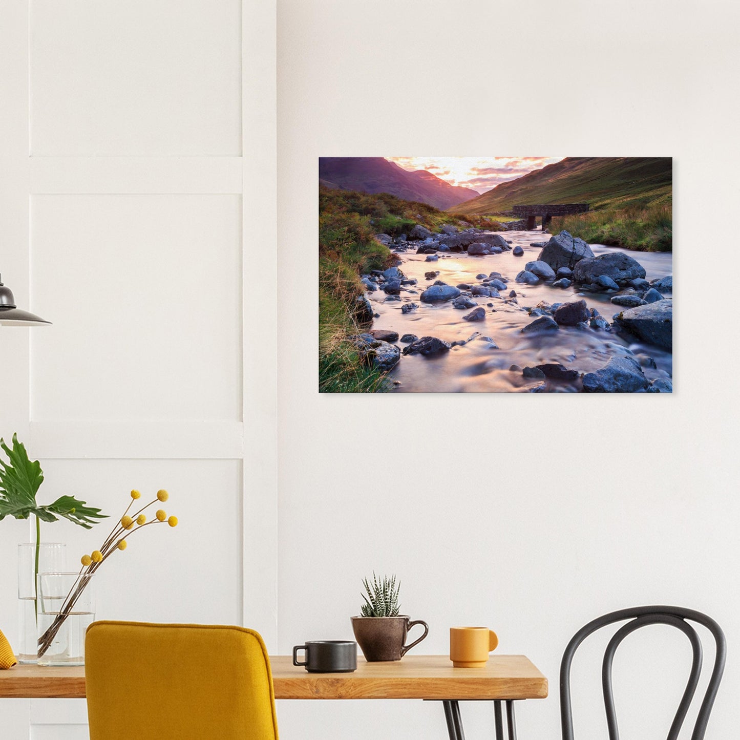 Atmospheric Lake District canvas print of Honister Pass, showing the valley bathed in soft sunset light and a tranquil stream.