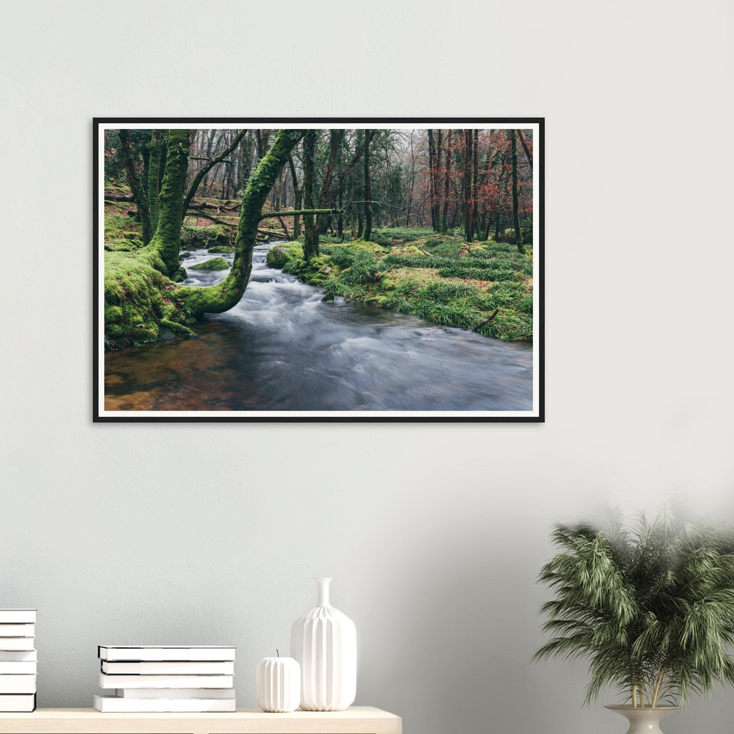 Scenic framed landscape print of mossy Dartmoor woodland river