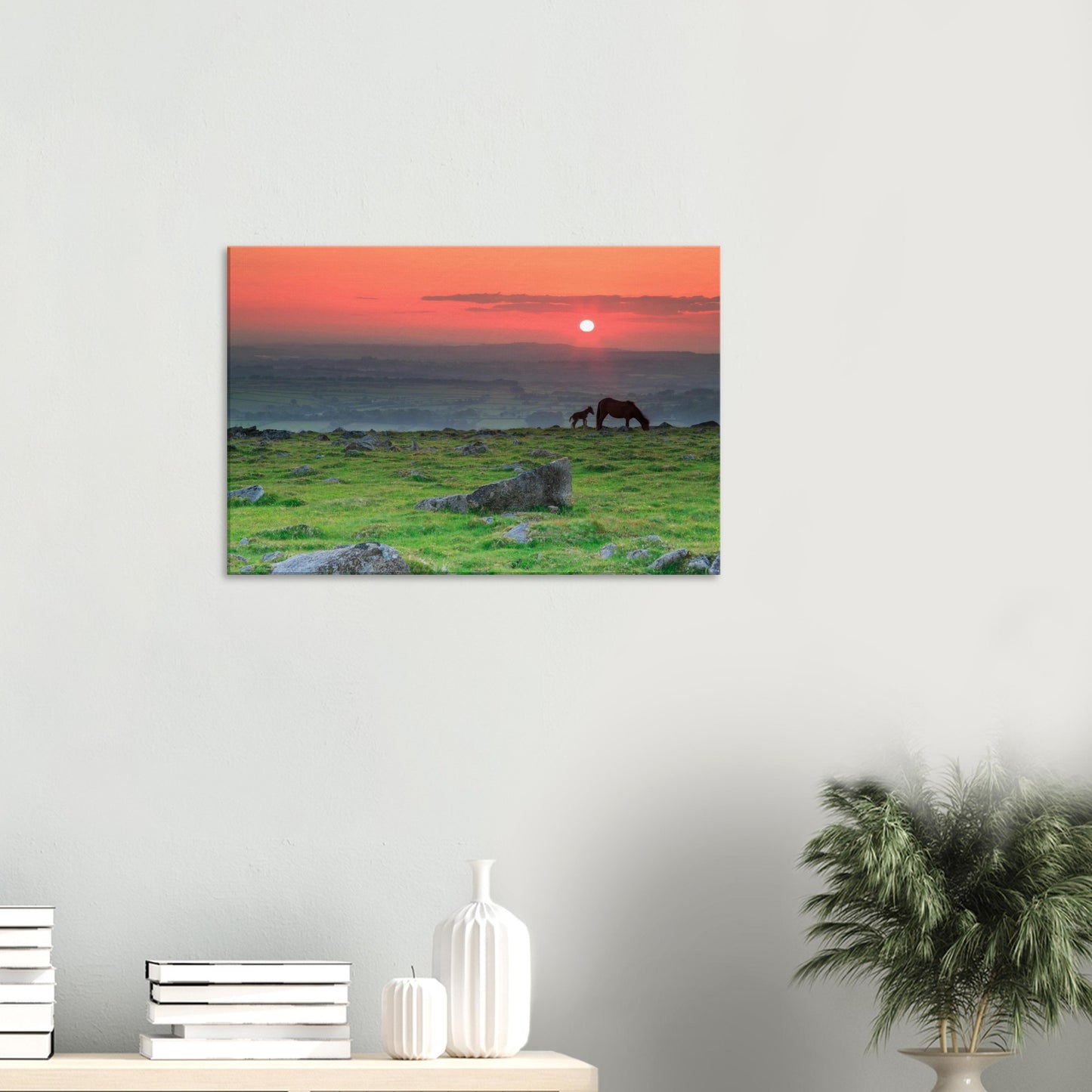 Dartmoor mare and foal at golden hour, surrounded by ancient stones, printed on canvas.
